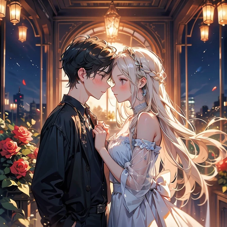 (FlowerGateway style:1) roses, fairy light, silhouette of a couple, girl and boy, boy kiss girl's forehead