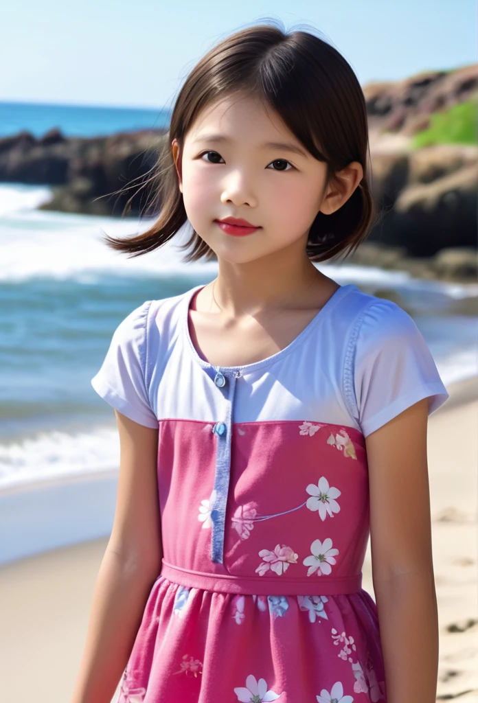 Prettiest ((pre teens)) girl, cutest ((pre teen)) girl, ((preteens)) sweet girl on the beach, age 9, natural skin, juveniles ((pre teen)) physique, charming adolescents ((preteen)) girl, Short Hair, 