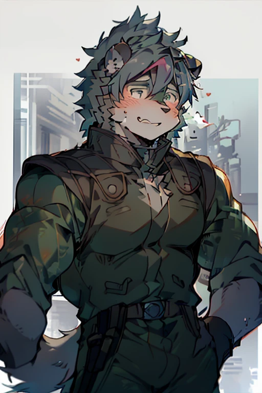 An Anime style Top Body and Right Side Body Picture of A Very Muscular Kemono Furry Style Dark Gray Wolf. He is wearing A Full Armed Dark Green Soldier Outfit. His one hand is scratching his head while his another hand is in his pocket. The background is white. He have Gray messy and spikey hair. He is looking at the viewer. His eyes are little red But Mostly white. He is standing in the background. He look like a video game character. He is smiling and blushes with blushes on his face. His tail is sticking upward. He is shy