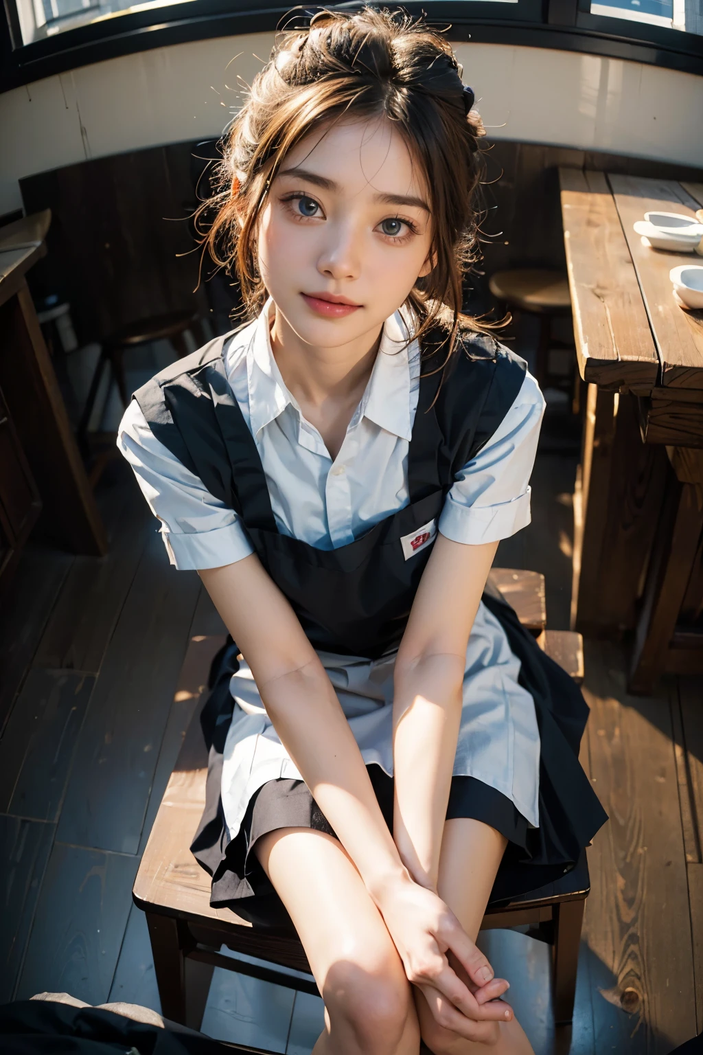 Best image quality, concentrated, Soft Light, Black Hair, (Japanese)), (((front, ))), (Depth of written boundary), Ultra-high resolution, (Genuine: 1.4), RAW Photos, ((Waitress Uniform)), smile