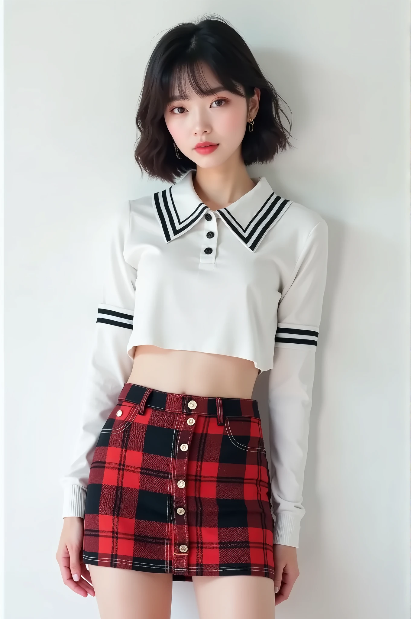 ((beautiful young woman in student uniform:1.5)), (White panties:1.5),((Checkered pleated skirt:1.4)), laying on bed, sensual pose, (blunt bang:1.5) ,detailed face, beautiful detailed eyes, beautiful detailed lips, extremely detailed eyes and face, (best quality,4k,8k,highres,masterpiece:1.2),ultra-detailed,(realistic,photorealistic,photo-realistic:1.37),HDR,studio lighting,extreme detail description,professional,vivid colors,soft warm lighting,moody lighting,dramatic lighting,(full body), (dark bedroom interior, minimal lighting, night:1.5)