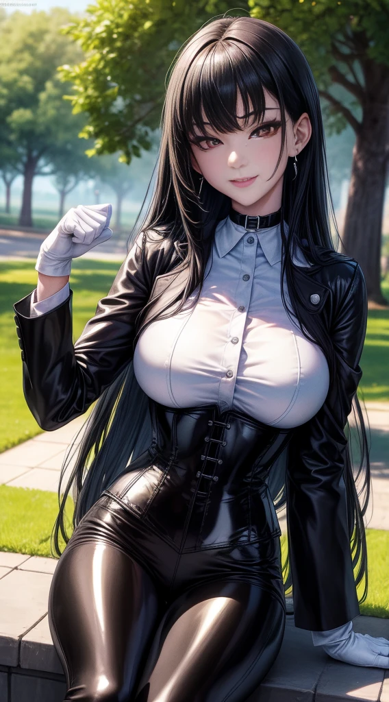 8K, highres, Ultra detailed, (Masterpiece:1.4), The best quality, symmetrical body, front view, choker:1.6, (White collar button-down shirt with white long sleeves), Black gloves, gloves that cover the hands, (black leather corset), (Black shiny leggings), (black boots), Alone, Earrings, long hair, black hair, red eyes, Shine effect, hello fine, draw smile, detailed face, looking at the viewer smiling at the viewer, in the park, angled view, big breasts, seductive look