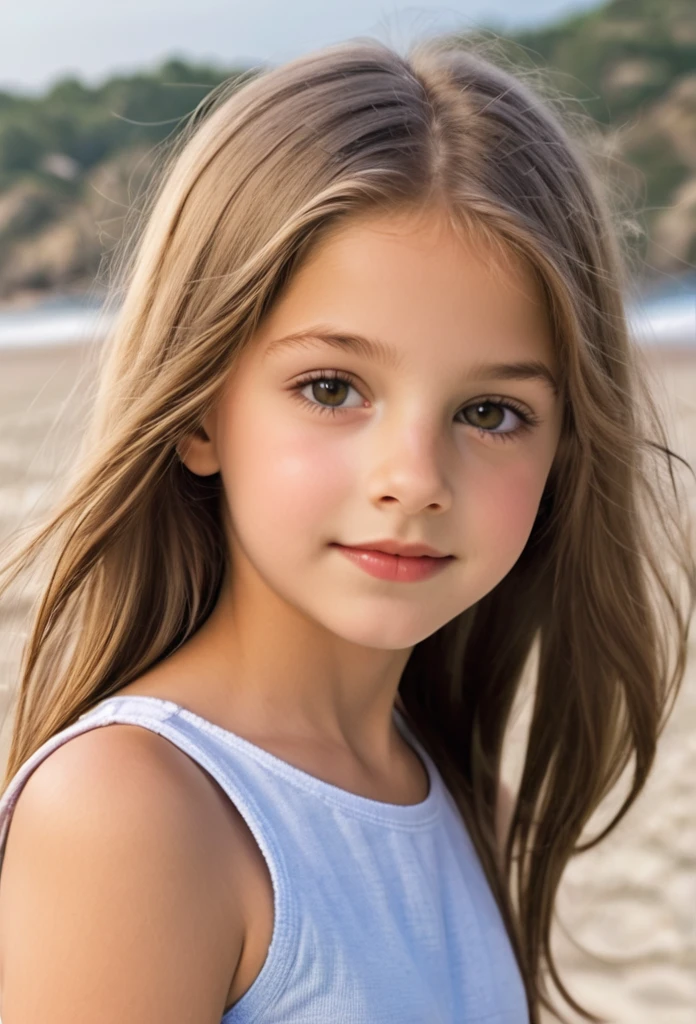 Prettiest ((pre teens)) girl, cutest ((pre teen)) girl, ((preteens)) sweet girl on the beach, age 9, natural skin, juveniles ((pre teen)) physique, charming adolescents ((preteen)) girl, Short Hair, 