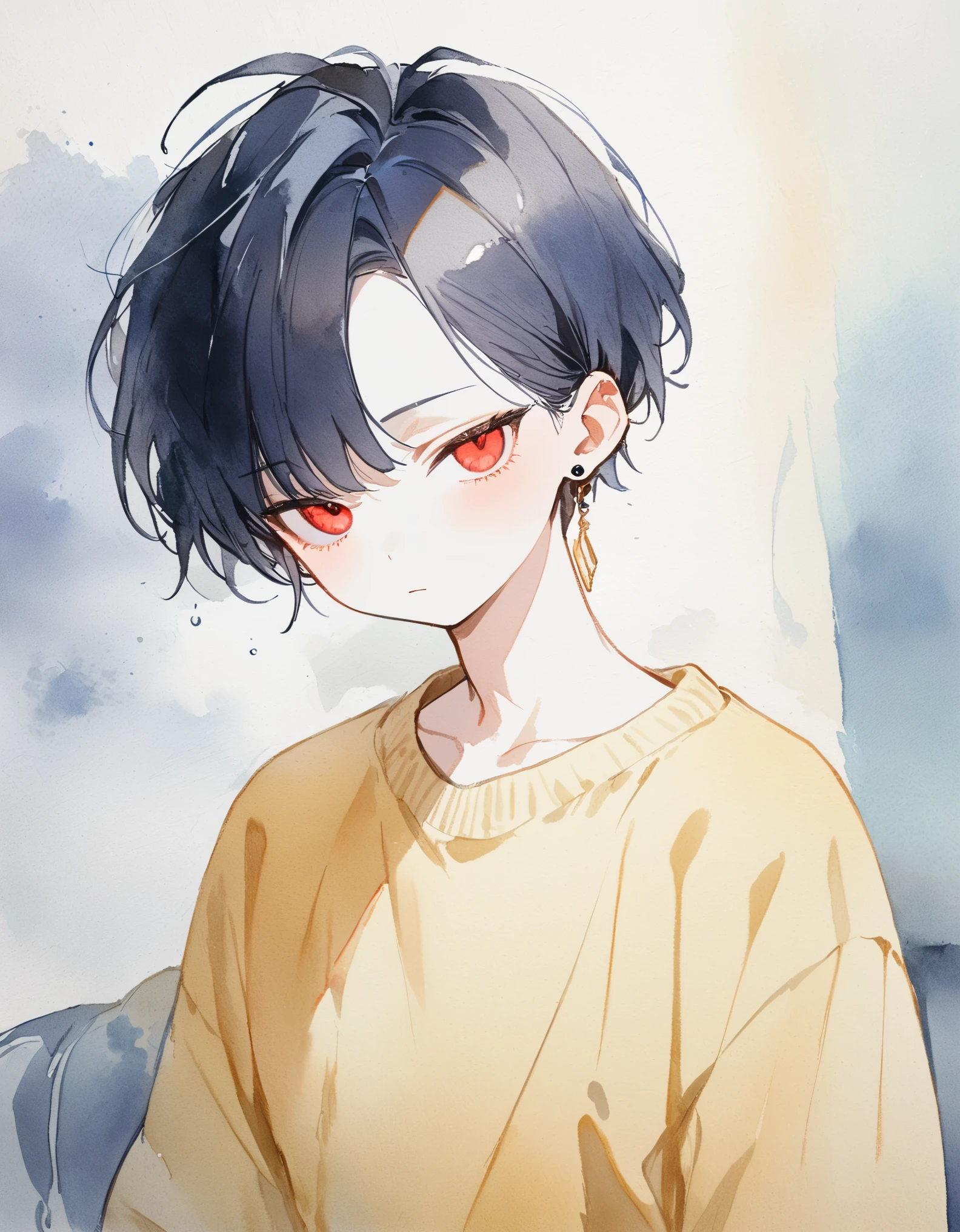 1 boy,[(black hair:1.2):(blue hair:1.2):0.5],(very short hair),(center part),red eyes,albino,sleepy,from front,looking viewer,tilt your head,cowboy shot, black shirts, yellow cardigan, black slacks,earrings,ear cuff,white Tone, watercolor , masterpiece,best quality,ultra detail,