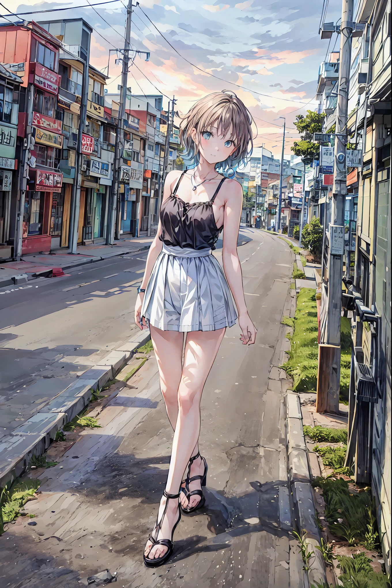 Yo Watanabe, Yu Watanabe, Brown Hair，Shortcuts，Messy Hair，Short braided hair，Neat，Slender beauty，A dignified posture，Small chest，Beautiful feet，Her captivating grey-blue eyes shine like stars，Vibrant colors,Beautiful Eyes,A delicate smile,Textured Skin,The best quality at its best,A kind and beautiful woman,Anime Style､,Orange hair band,Locket Pendant,Black camisole,Bareneck,Expose your shoulders,Bare clavicle,,Cute stiletto heels,evening,sunset,walk,The sun goes down,whole bodyがイラストに入るように,Looking down from above,
break outdoors, Coastal Road,construction site,
break looking at viewer, whole body,
break (masterpiece:1.2), Best quality high resolution, Unity 8K Wallpaper, (shape:0.8), (Beautiful details:1.6), Detailed painted face, Perfect lighting, Extremely detailed CG, (Perfect hands, Perfect Anatomy),