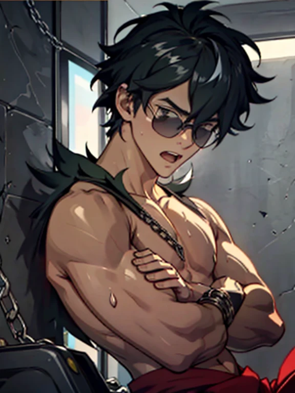 ((Delicate details)), Best Shadow,Cinema Lighting,Best Quality,((Very detailed))　masterpiece　Embarrassing　Black Hair　Emerald Hair　Black Eye　Emerald eyes　Wearing large sunglasses　Get wet　Big Eyes　maleのタイトなスーツパンツは破れていた　Sweating　Delicate body　High chroma　male　Ryona　torture　Clo薄いg saturation 0　High chance of losing　Skin is visible in places　shout　View from below　Overall image　Light hits the skin　baby face　Fallen　To lie　Skinny body　Mind Control　Rear View　Sleeveless　I put pressure on my crotch.　prison　Chain Background　Under attack　Raising his arms　Rear view　Lying down　黒いタンクトップのmale　eight-headed body　Brown Skin　One eye is hidden by bangs　Mouth open　Aroused expression