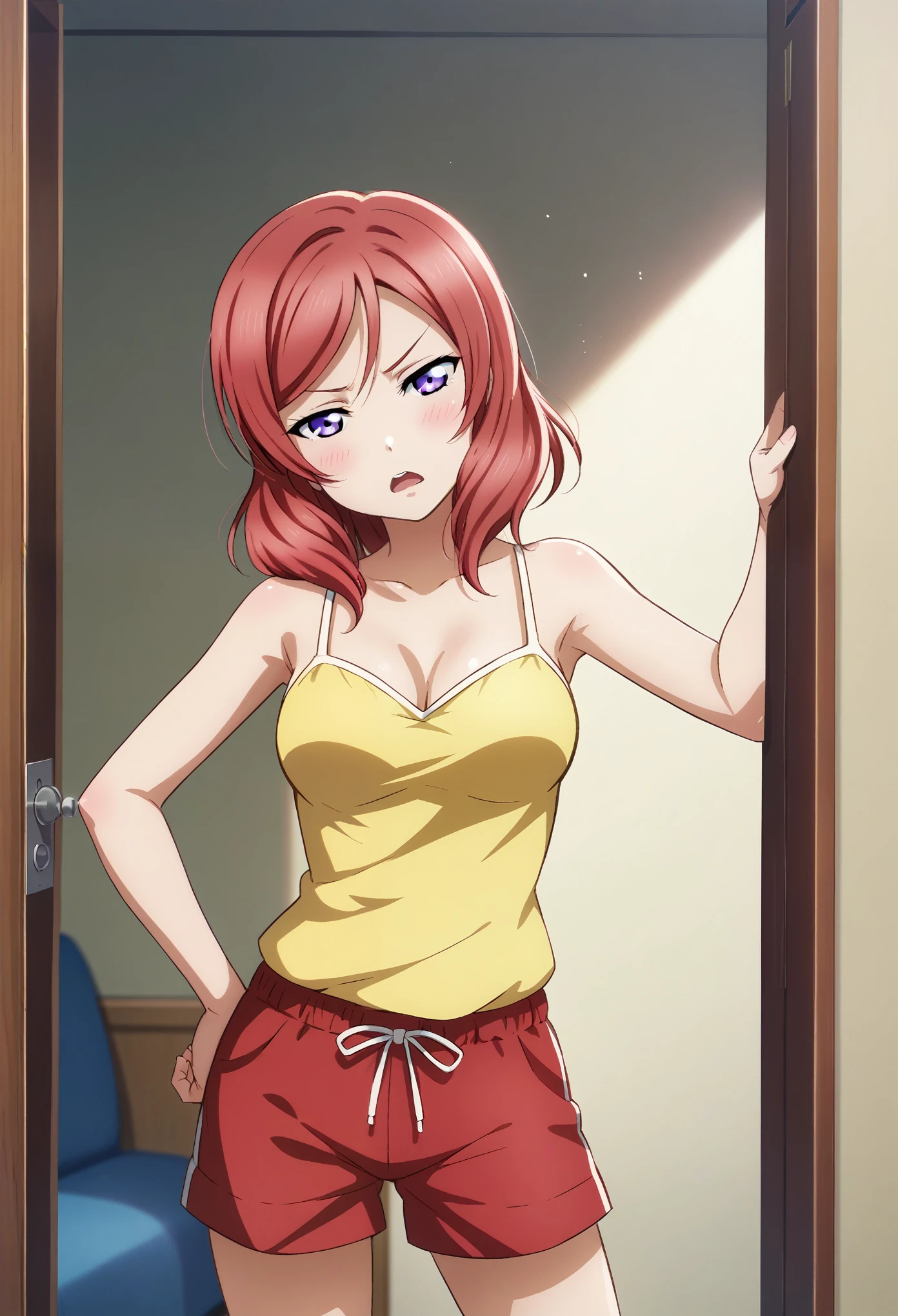 Red haired Latina, pulling up big white cotton panties, turnaround, asking the question "my butt isn't that big, is it?" in a speech bubble, green eyes, anime art style, intricate details