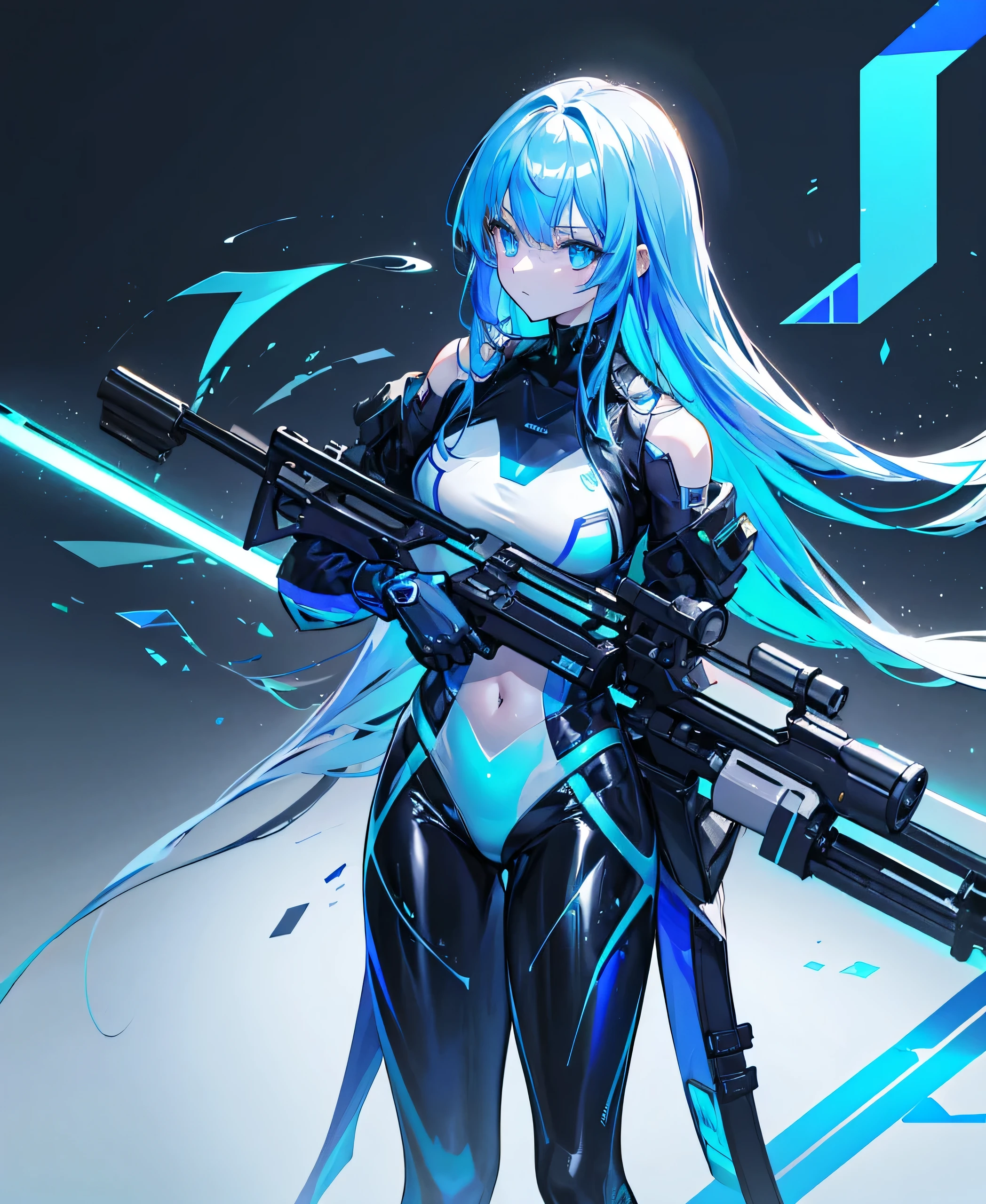 best quality, head-mounted display,
(1 girl, solo), exposed waist, exposed thighs, surrounded by azure neon, floating azure hair, NodesTech mascara, NodesTech headdress, long hair, ethereal hair, multicolored azure hair,
BREAK sci-fi background, detailed background, crop top cyborg armor, azure neon background, data space