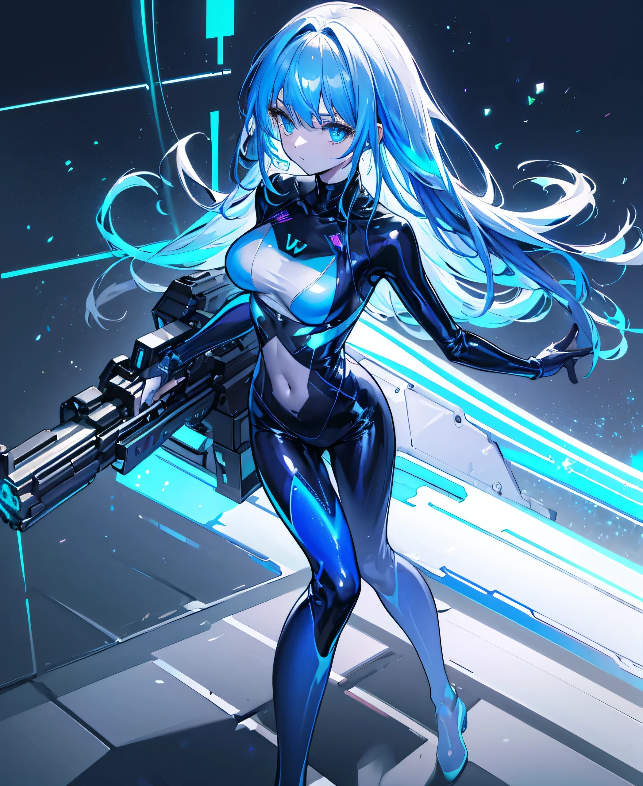 cyborg warrior girl dominant pose, flat horizon photo, Girl android , she has long light blue hair, hair tied up in a ponytail, she has a mask on her face, a respirator, a woman with sexy hips, incredibly beautiful blue eyes and a gas mask on her face, half cyborg, technological modifications. Cool girl, Beautiful face, pretty face, look at the camera, blue metal cybernetic android robot body, Large, wide hips, suit with blue indicator lines with many blue details, blue colour corset, blue glowing lines on clothing details, pretty face with detailed elaboration, long eyelashes and expressive blue eyes, cybernetic armor with a blue glow from under the joints and joints, she has blue eyes , frame with a flat horizon, Anime Style design, blue Lasers, blue smoke fountain on background Cyberpunk style, high image detail, 4k quality, the camera films Her from below, lower angle of photography, image of a night and blue neon lights, blue lamps, blue lighting, blue glare