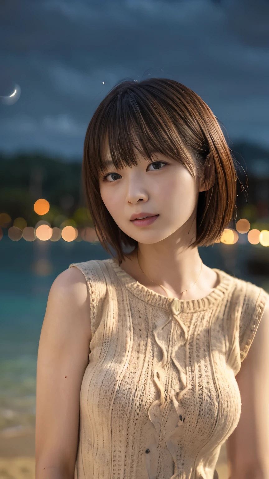 masutepiece, Best Quality, 8K, 3, Raw photo, absurderes, award winning portrait, Solo, (Night:1.8), mature face, Delicate girl,Delicate body, Upper body, Digital SLR, Candid, Sophisticated,Thin arms, Professional Lighting, Film grain, chromatic abberation, (Eyes and faces with detailed:1.0), (physician:1.1) , closes mouth ,A dark-haired , short hair、brown haired, bangss,droopy eyes, ecstasy , large breasts, (wear a beige cable_knitted dress:1.4), looking at viewew, provocative face, Random sexy poses, on the beach