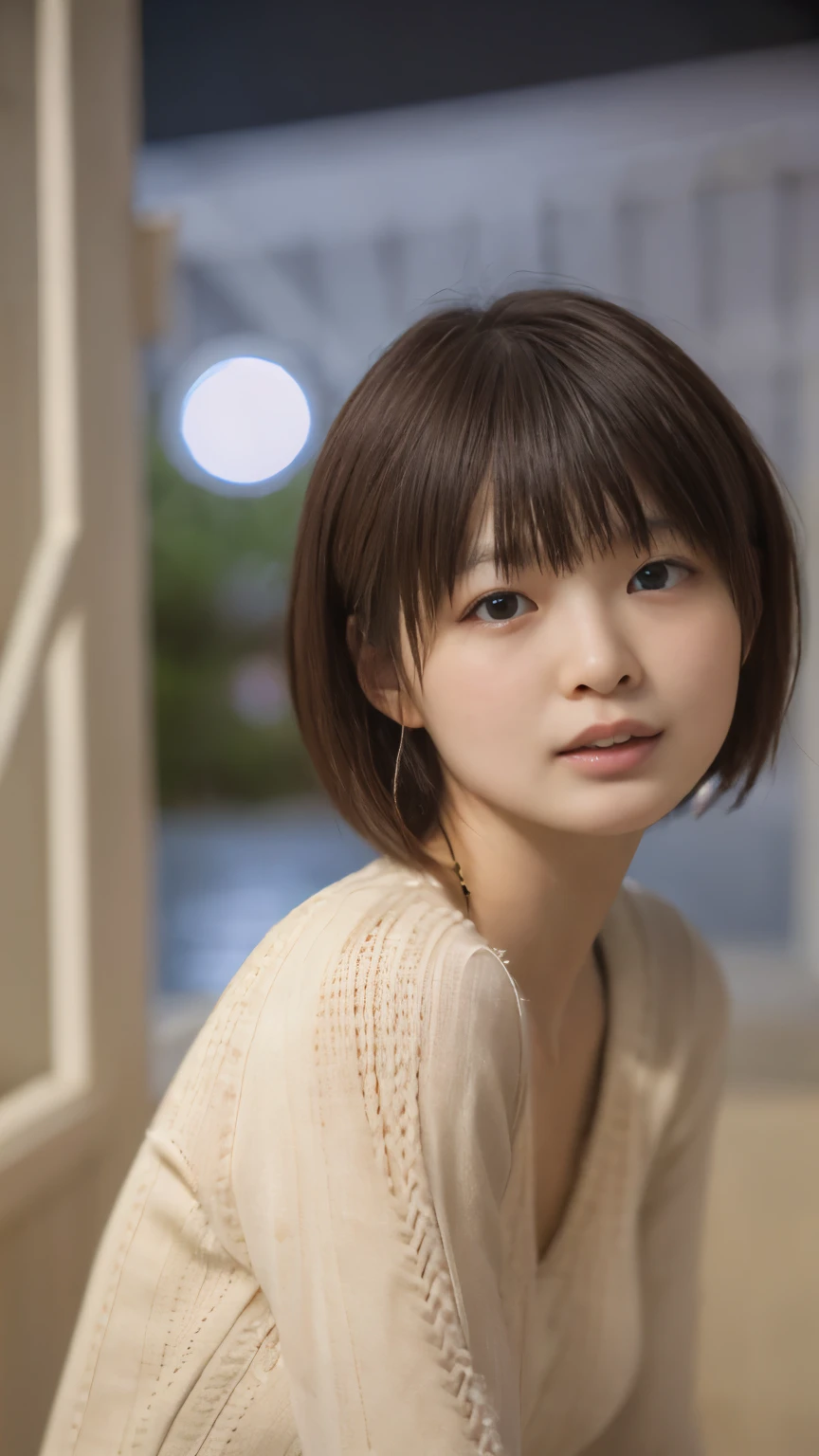 masutepiece, Best Quality, 8K, 18years old, , Raw photo, absurderes, award winning portrait, Solo, (Night:1.8), Idol face, Delicate girl,Delicate body, Upper body, Digital SLR, Candid, Sophisticated,Thin arms, Professional Lighting, Film grain, chromatic abberation, (Eyes and faces with detailed:1.0), (physician:1.1)  , closes mouth ,A dark-haired , short hair、brown haired, bangss,droopy eyes, ecstasy , large breasts, (wear a beige cable_knitted dress:1.4), looking at viewew, provocative face, Random sexy poses