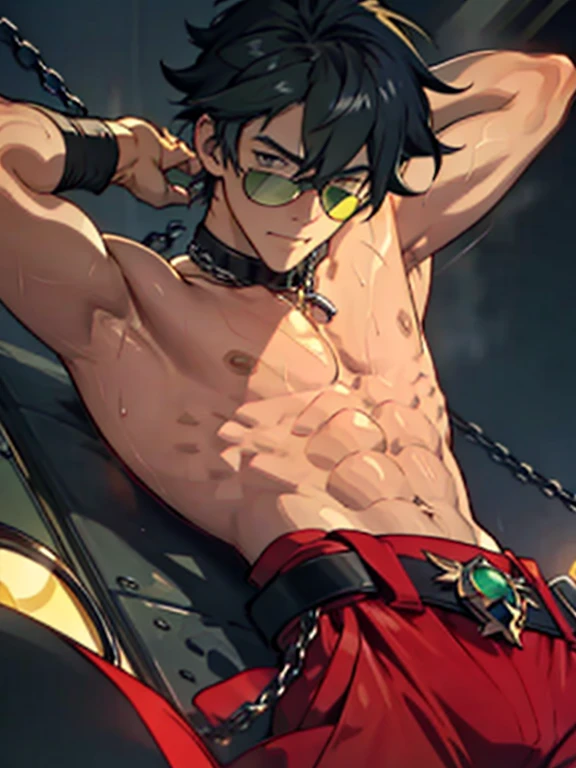 ((Delicate details)), Best Shadow,Cinema Lighting,Best Quality,((Very detailed))　masterpiece　Embarrassing　Black Hair　Emerald Hair　Black Eye　Emerald eyes　Wearing large sunglasses　Get wet　Big Eyes　maleのタイトなスーツパンツは破れていた　Sweating　Delicate body　High chroma　male　Ryona　torture　Clo薄いg saturation 0　High chance of losing　Skin is visible in places　shout　View from below　Overall image　Light hits the skin　baby face　Fallen　To lie　Skinny body　Mind Control　Rear View　Sleeveless　I put pressure on my crotch.　prison　Chain Background　Under attack　Raising his arms　Rear view　Lying down　黒いタンクトップのmale　eight-headed body　Brown Skin　One eye is hidden by bangs　Mouth open　Aroused expression