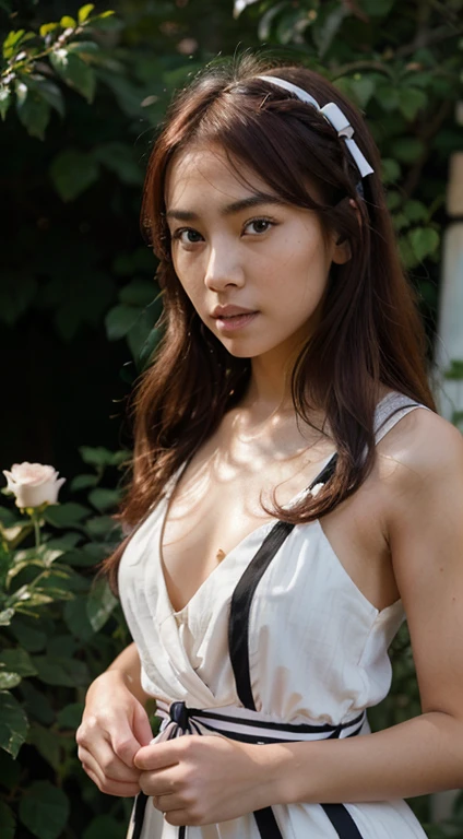 beautiful woman from Indonesia, white skin, naked, right hand holding her vagina, biting the fingers of her left hand, legs wide open, breasts and vagina clearly visible, expression sighing, there is a flower tucked in her ear. Masturbation, perfectly proportional body.