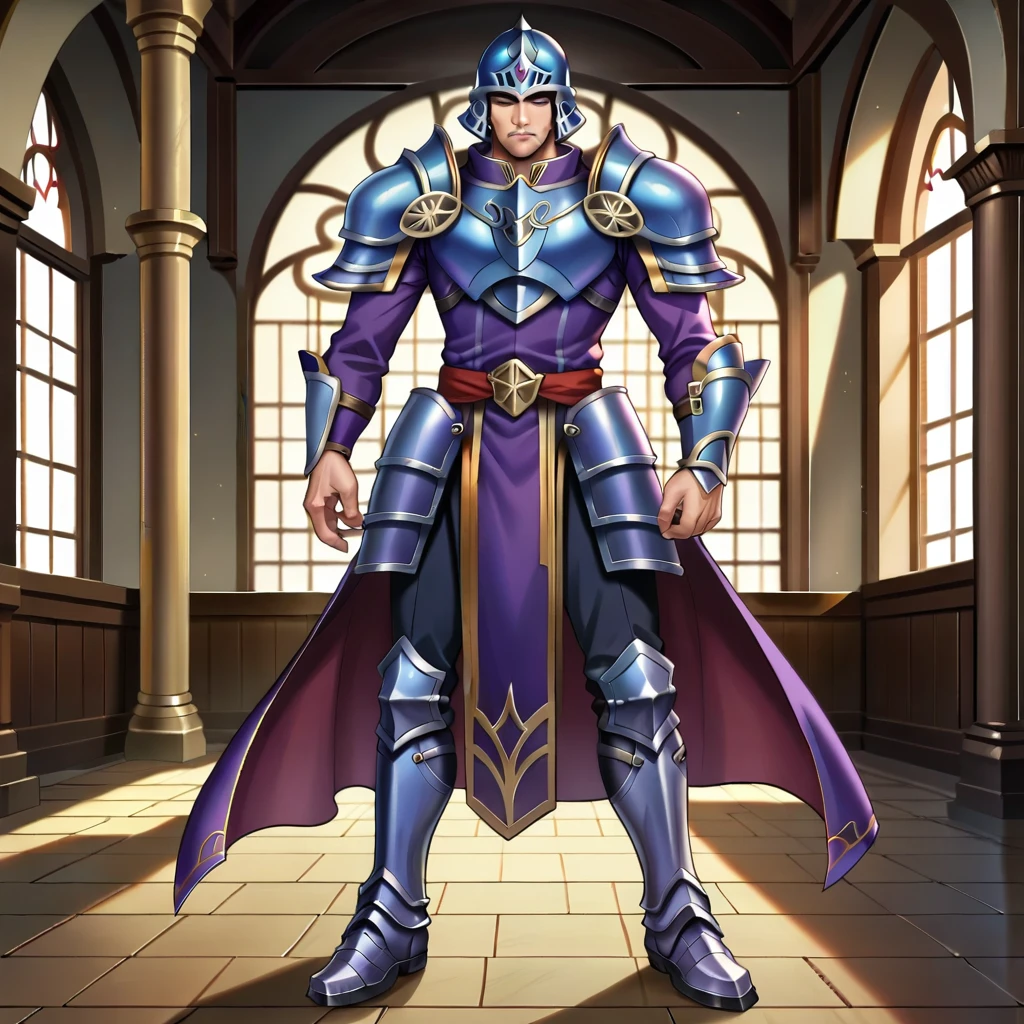 score_9, score_8_up, score_7_up, score_6_up, BREAK source_anime, fullbody shot, 1boy, solo, male mature, looking at viewer, great paladin, (complete amor), (purple armor, blue armor:1.2), gautlets, helmet, shoulder pads, metal boots, intricate details, BREAK, on monastery, detailed background, sacred environment, vivid colors, soft lighting, depth of field, anime screencap