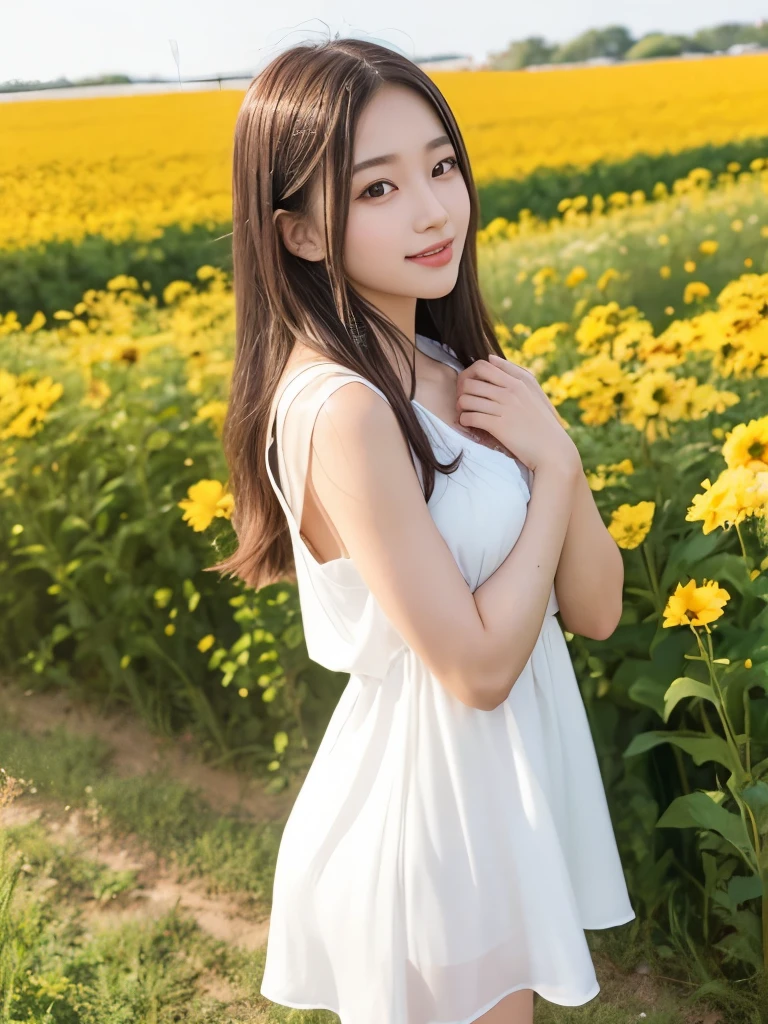 Tabletop, Highest quality, Very detailed, In detail, High resolution, 8k wallpaper, Beautiful big eyes,Black-haired、17 years old, Slender body、爽やかなsmile、Shows the whole body down to the waist、Very beautiful face,Very well-formed face、With sunflowers in the background、Beautiful girl wearing a sleeveless dress、smile、