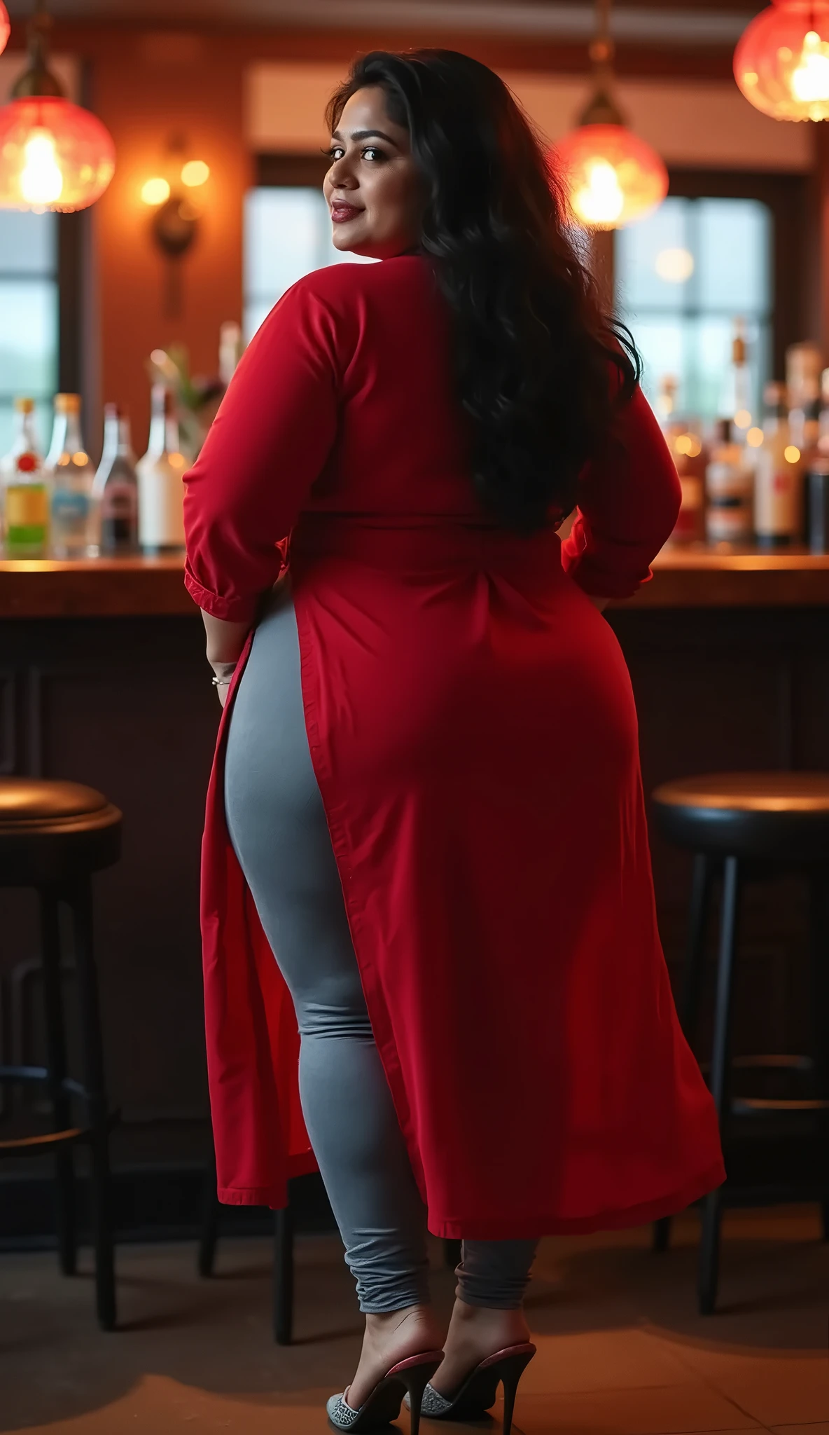 Indian hot women standing in pub , curvy waist , long black hair , big boobies , slutty make up , red lips , full body shot , black dress , 8k resolution , photorealistic , ultra fine details , 
