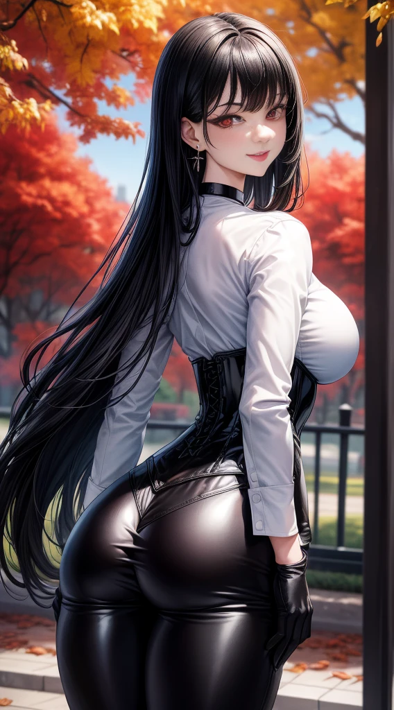 1 woman, choker 1:6,  white long sleeve button up shirt, shiny black leggings, black elbow length gloves, Open mouth, surprised facial expression, big breasts, black hair, long hair, Red eyes, view from behind, perfectly curvy ass,  forest, low lighting, evening
