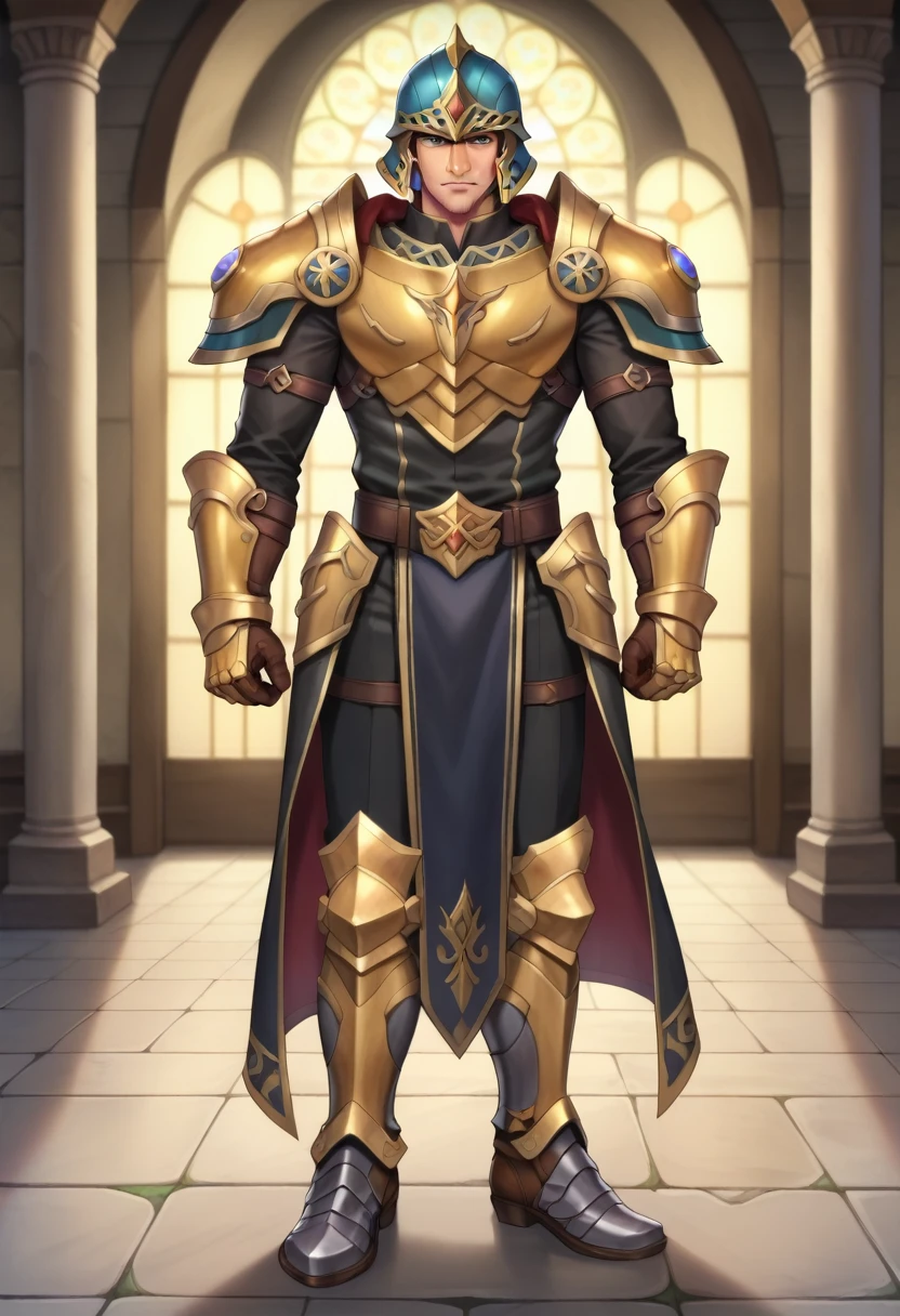 score_9, score_8_up, score_7_up, score_6_up, BREAK source_anime, fullbody shot, 1boy, solo, male mature, looking at viewer, great paladin, (complete amor), (golden armor, black armor:1.2), gauntlets, helmet, shoulder pads, metal boots, intricate details, BREAK, on monastery, detailed background, sacred environment, vivid colors, soft lighting, depth of field, anime screencap