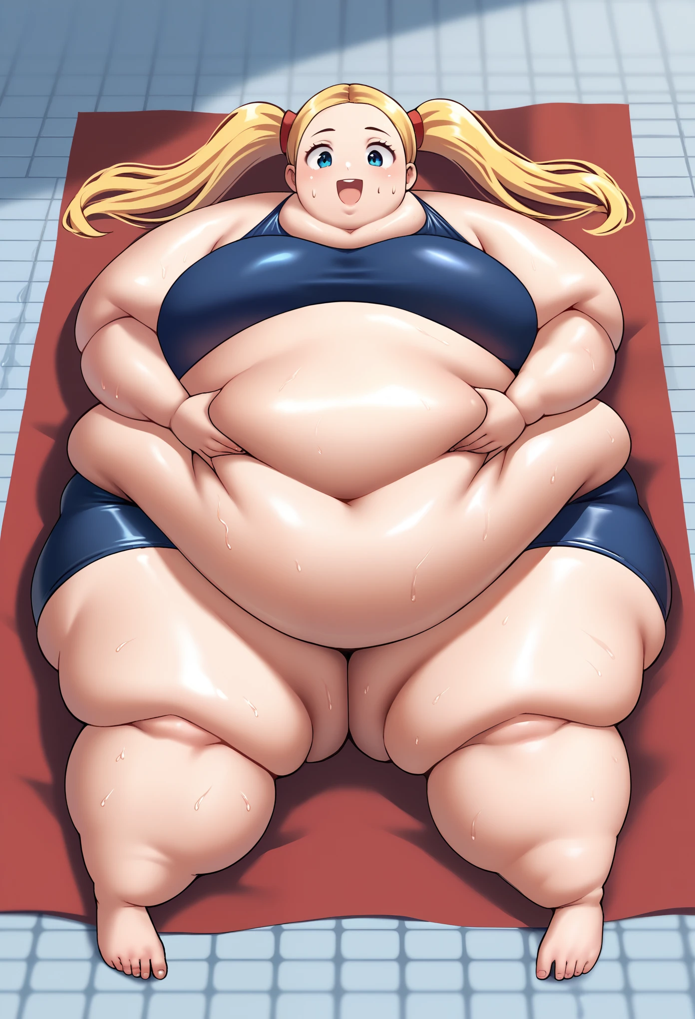 anime, (Japanese, fat girl, young, Morbidly obese, very fat breasts, very low height, child), (dark blue, school swim suit), (Full body display down to the toes) , (薄いピンク) , (cute random pose, laying down on towel, back laying down, legs spread out, street, Shibuya), (100cm, 70kg), (smiling, small lips, open mouth, cute face, bigger eyes ), (Gal , snow white skin), (beautiful detail), (School swim suit), pool , ( Very profuse sweating), Erotic, (thick thighs、thick legs、thick below the knees、thick ankles), (twintails, blonde hair), huge breasts, wet, camleto, bigger stomach, grabbing belly, eating corn dogs, playing with corn dogs 