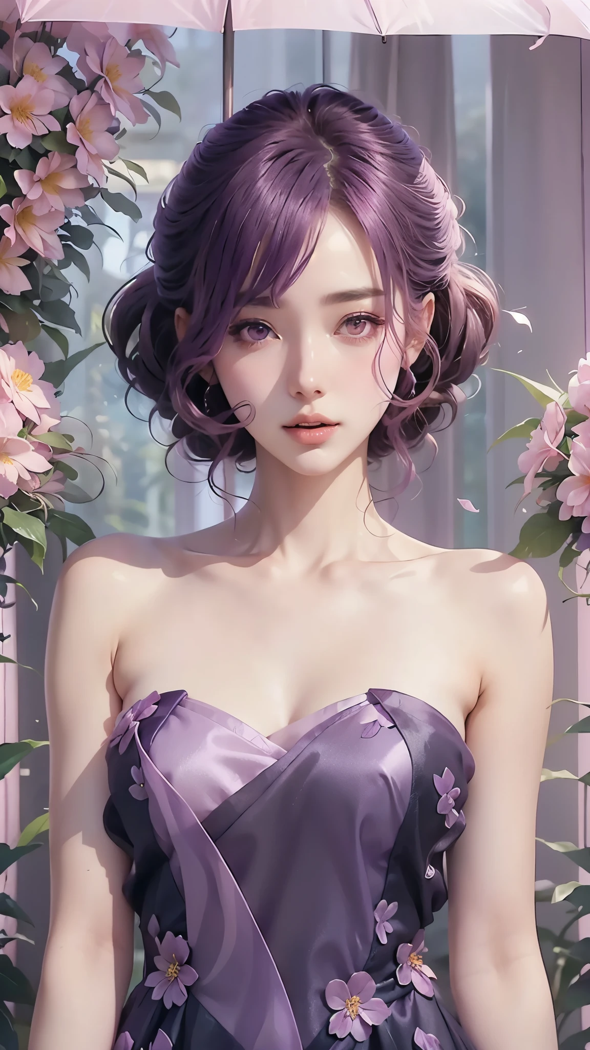 a woman in a pink and purple dress standing in front of flowers, beautiful comic art, beautiful alluring anime woman, beautiful anime woman