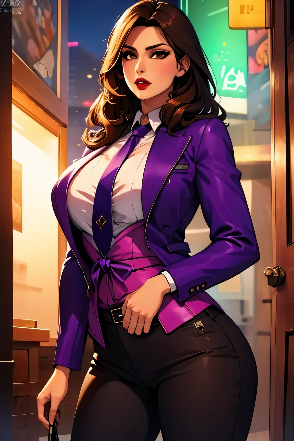 The woman, ((shirt, shirt, jacket, jacket, jacket morada, purple jacket, pants, pants morado, prurple throuser,  tie, tie)),Las vegas al fondo,very detailed, Realistic long-term photography., 4k, by the wide, Brown Hair, By the chestnut, red lips, sexy,red lips, Brown eyes, big breasts, big breasts, Lucia Auditore