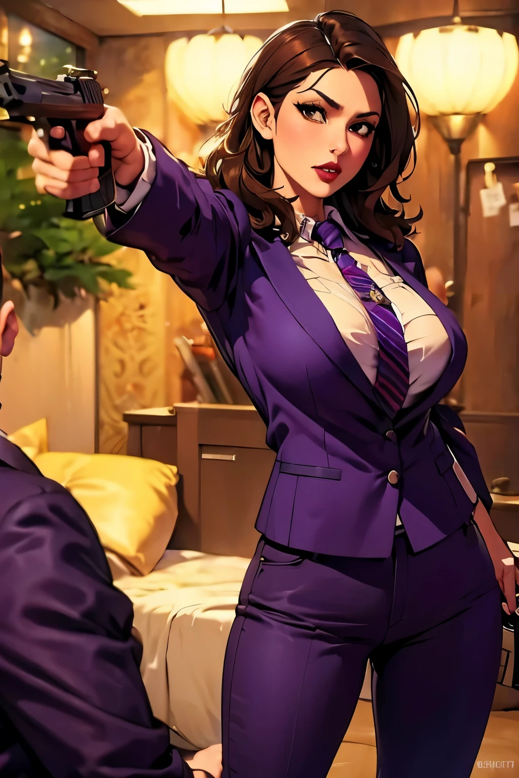 The woman, ((shirt, shirt, jacket, jacket, jacket morada, purple jacket, pants, pants morado, prurple throuser, tie, tie)),Las vegas al fondo,very detailed, Realistic long-term photography., 4k, by the wide, Brown Hair, By the chestnut, red lips, sexy,red lips, Brown eyes, big breasts, big breasts,(((aiming_pistol, hand_cannon,deagle:1.0, pistol, pistol))), Lucia Auditore