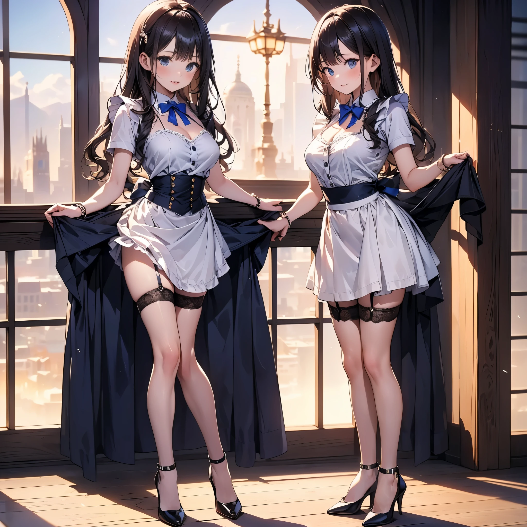 (masterpiece:1.8),(highest quality:1.8),(Super detailed:1.8),(8K:1.8),(Ultra-fine illustration:1.5),cute single mature woman,2 people,skinny,small ass,Brown and red braided twin tails,flat chest,small breasts,(shiny metallic gold lingerie,Delicate lace panties),,Gold Corset,garter,choker,Gold Long Gloves,Gold Long Boots,,(Pose side by side:1.5),stand,(Trying on clothes with friends in the room),full body angle,