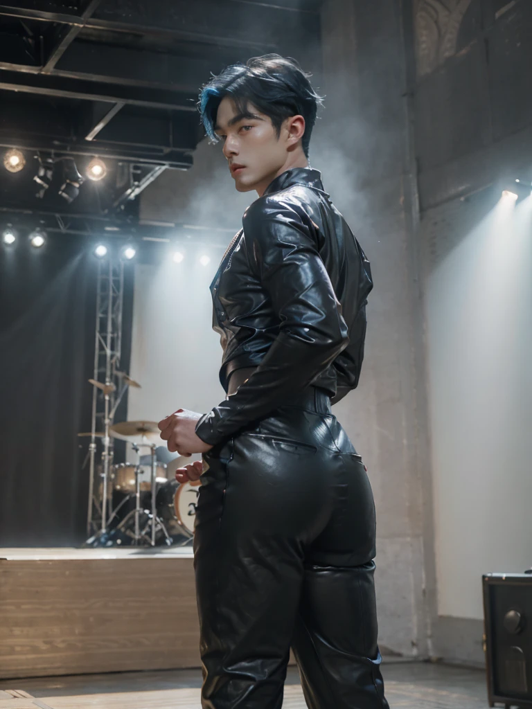 score_9, score_8_up, score_7_up, source_manhwa, best quality, clean face, Lee Ho-seok, man, blue hair with white streaks, blue eyes, long hair, big pecs, perfect body, looking at the viewer, pleasurable expression, sexy bunny outfit, black latex clothes, on stage, standing , acoustic angle, from behind, big ass, low angle, kpop headset