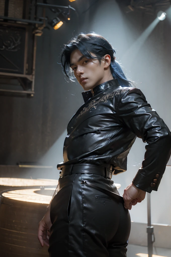 score_9, score_8_up, score_7_up, source_manhwa, best quality, clean face, Lee Ho-seok, man, blue hair with white streaks, blue eyes, long hair, big pecs, perfect body, looking at the viewer, pleasurable expression, sexy bunny outfit, black latex clothes, on stage, standing , acoustic angle, from behind, big ass, low angle, kpop headset