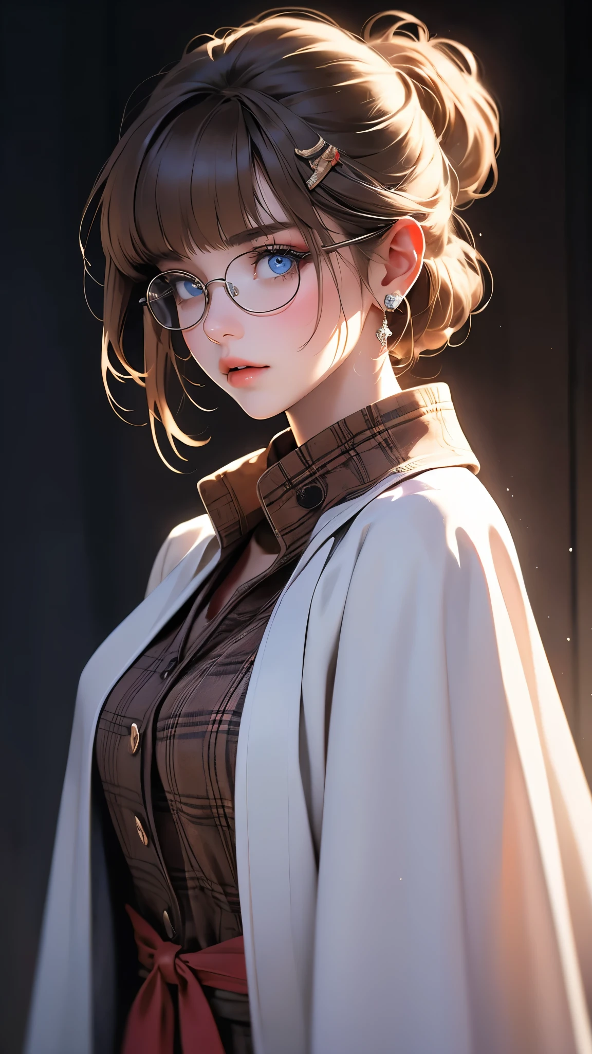 ((Masterpiece)), envision a 8k, highres, cinematic, extremely beautiful semi realistic close up portrait of a beautiful British girl with a strong face, slender body, ((shoulder length dark brown hair)), side locks, choppy bangs, round face, long sweeping bangs, baby blue eyes, soft lips, lip gloss, thick eyebrows, round face, hair clip, glasses, long overcoat, white shirt, red tie, long sleeves, ((plaid capelet)), ((((1girl)))), in dark lighting, against a dark gray background