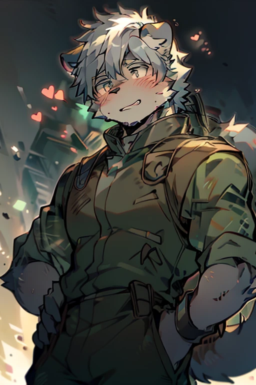 An Anime style Top Body and Right Side Body Picture of A Very Muscular Kemono Furry Style Gray Wolf. He is wearing A Full Long Armed Dark Green Soldier Outfit. His one hand is scratching his head while his another hand is in his pocket. The background is white. He have Gray messy and spikey hair. He is looking at the viewer. His eyes are little red But Mostly white. He is standing in the background. He look like a video game character. He is smiling and blushes with blushes on his face. His tail is sticking upward. He is shy