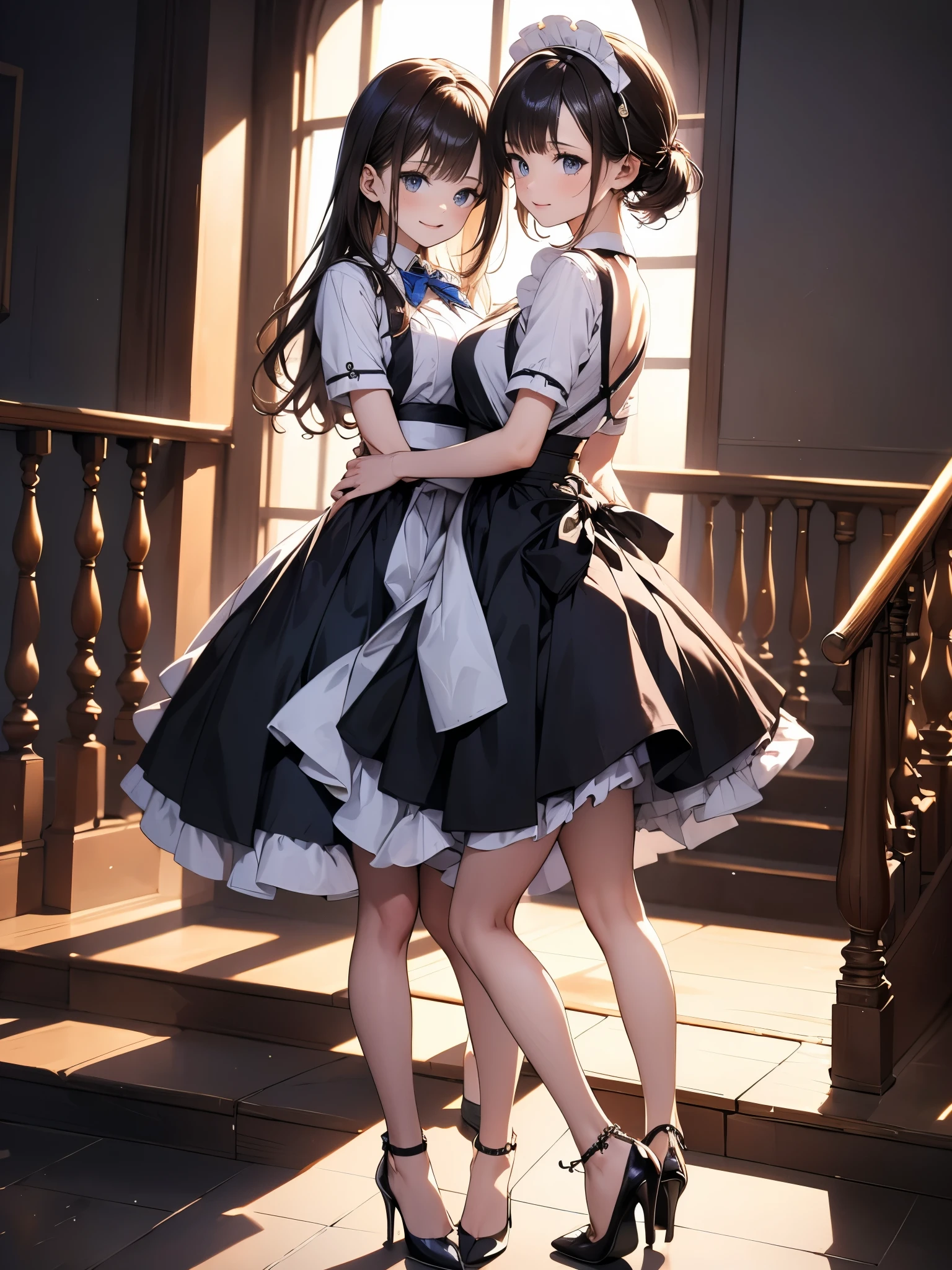 (masterpiece, Best quality, 8 K, Sharp Focus, depth of field, BEST SHADOWS, Perfect light, HDR, realistic skin texture, Ultra detailed Background, detail), anime style, harem. 2 girls. Maids. Pregnant long hair. beautiful eyes, Perfect eyes, expressive eyes, beautiful nose, perfect facial features, Ideal anatomical body. beautiful long legs. Maids uniform. medium breast, beautiful breasts. Girls cant stand straight. knees together, feet apart. They want to pee, they need to pee. They have a strong, desperate to pee They keep their hands on the crotch. They squeeze their crotches tightly. They rub their crotches. . They pee for themselves. They pee in panties. They piss on the floor. 2 girls peed while standing. Redness, Embarrassment. Offensively, There are tears in my eyes. Theyre crying. full length, in the whole body. Hall of the mansion.