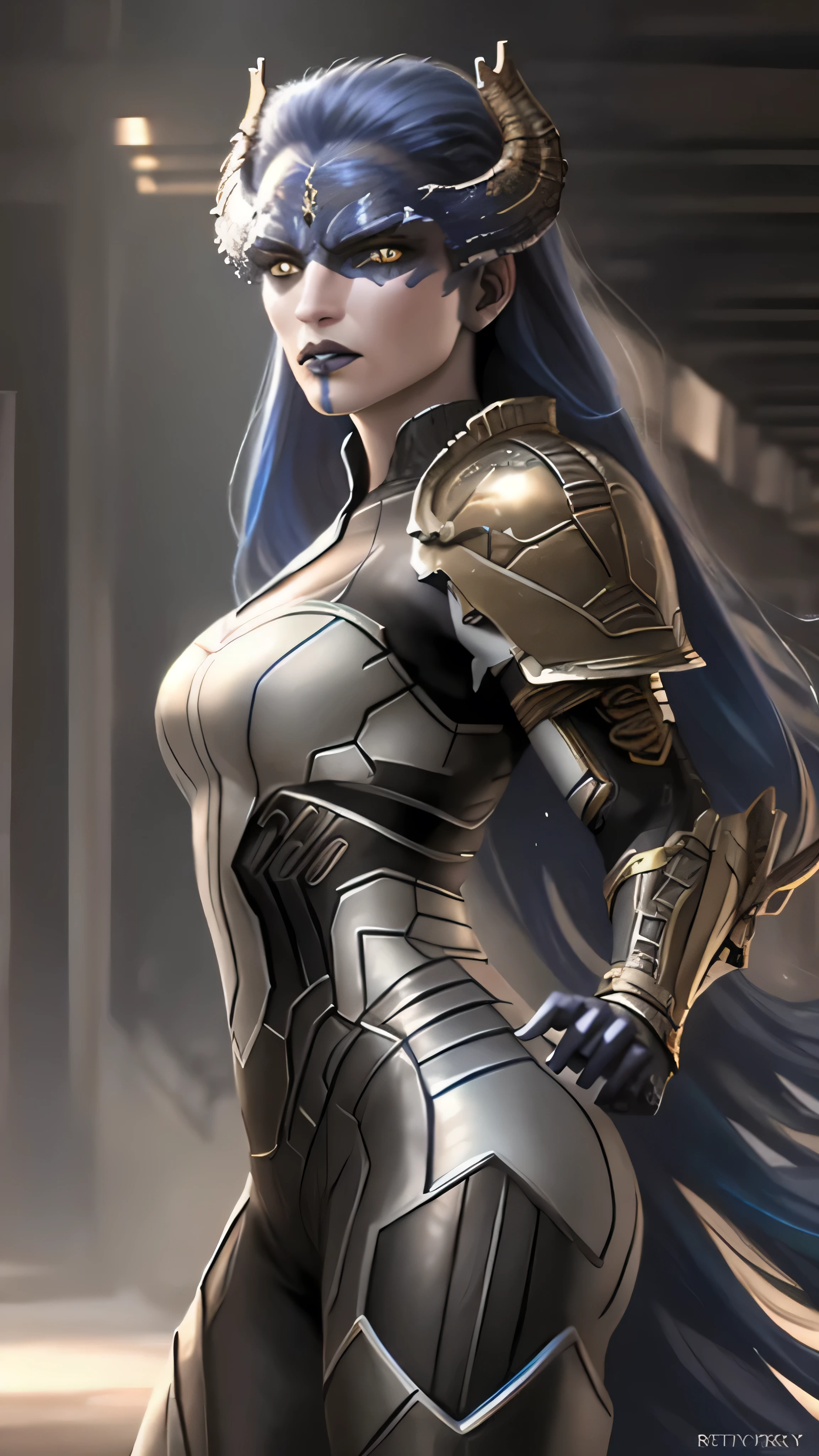 Proxima, long hair, blue hair, yellow eyes, colored skin, horns, lipstick, makeup, armor, (insanely detailed, beautiful detailed face, masterpiece, best quality), cinematic lighting, 1woman, solo, cowboy shot, front view, looking at viewer, intricate, high detail, sharp focus, dramatic, photorealistic painting art by greg rutkowski