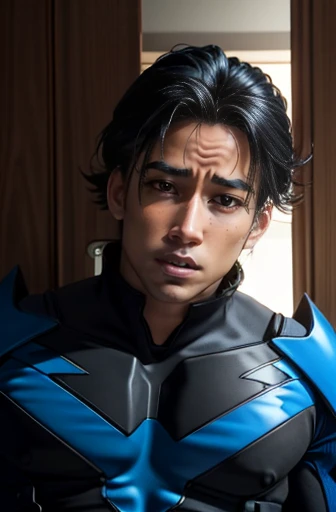 Nightwing Suit, Cute young man, Sexy Body, Tall, Shiny black hair, upright, shy, Little red face
