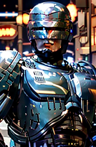 He is a young, handsome, 20-something Robocop, with cum on his face, his face is covered in cum, and he has a pained expression on his face.