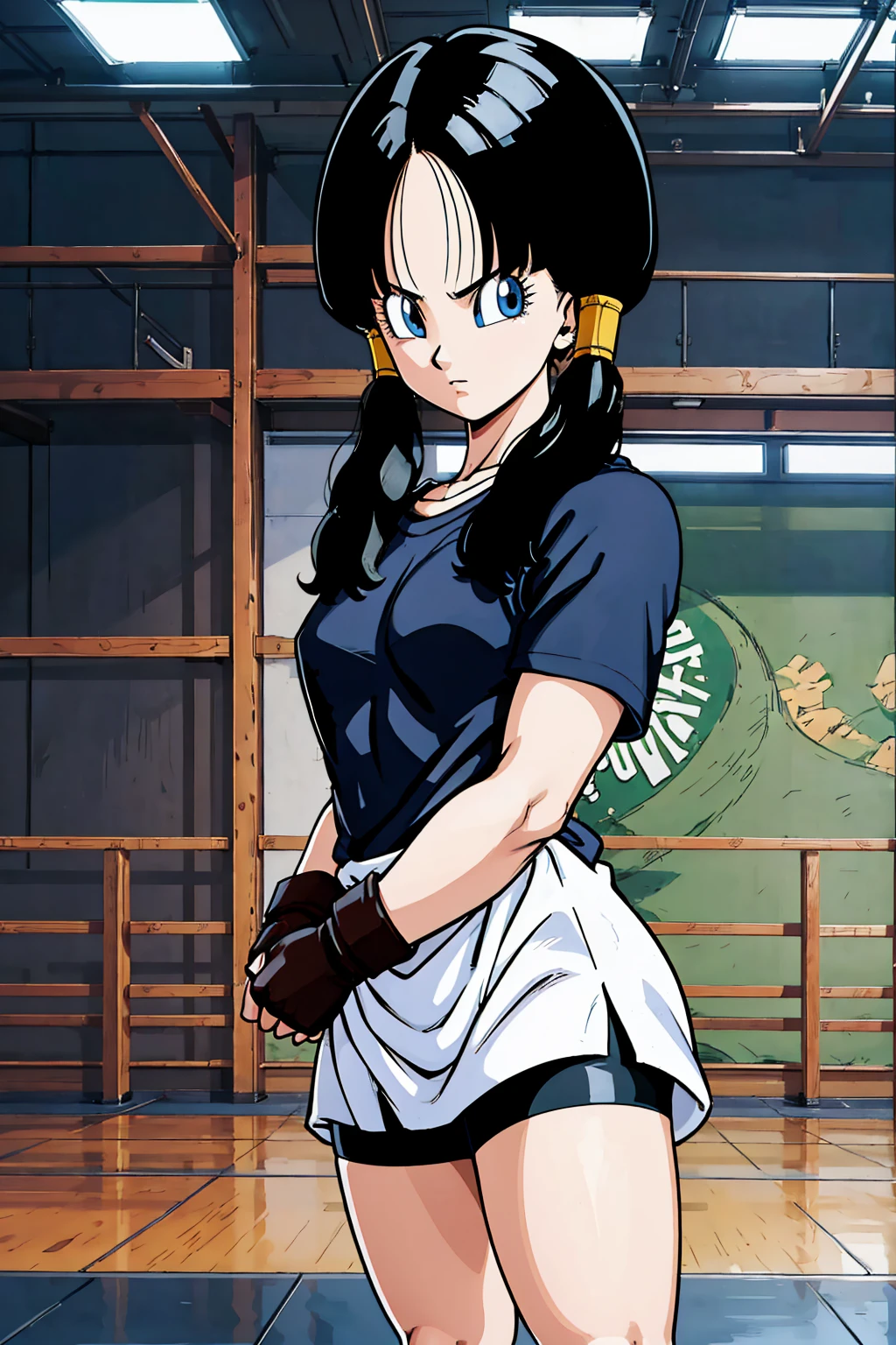 (masterpiece), anime, Best Quality, Good anatomy, Saw 2, Alone, ( On my knees),blue eyes, Black Hair, Twin tails, Black Gloves, Medium chest realistic face, Gloomy face, Looking down, bicycle_Shorts, bangs, White shirt, Gym, Reflector, 8K masterpiece ultra-detailed, Movies Movies, Best Quality, Best details, Detailed face, Fine grain, Camera from below、(Martial Arts Arena、audience)