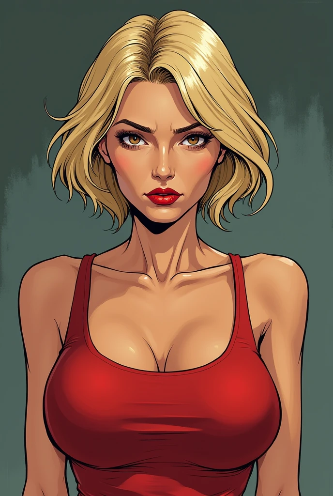 a woman with short blond hair, hair on shoulders,  wearing a red tank top, small breasts  and jeans, brown  eyes, wife of preacher, tulip ohare, toon aesthetic, wearing red lipstick,  look like tulip ohare (comics) (preacher) (vertigo), smoking, serious face,  upper body, backwards, looking back