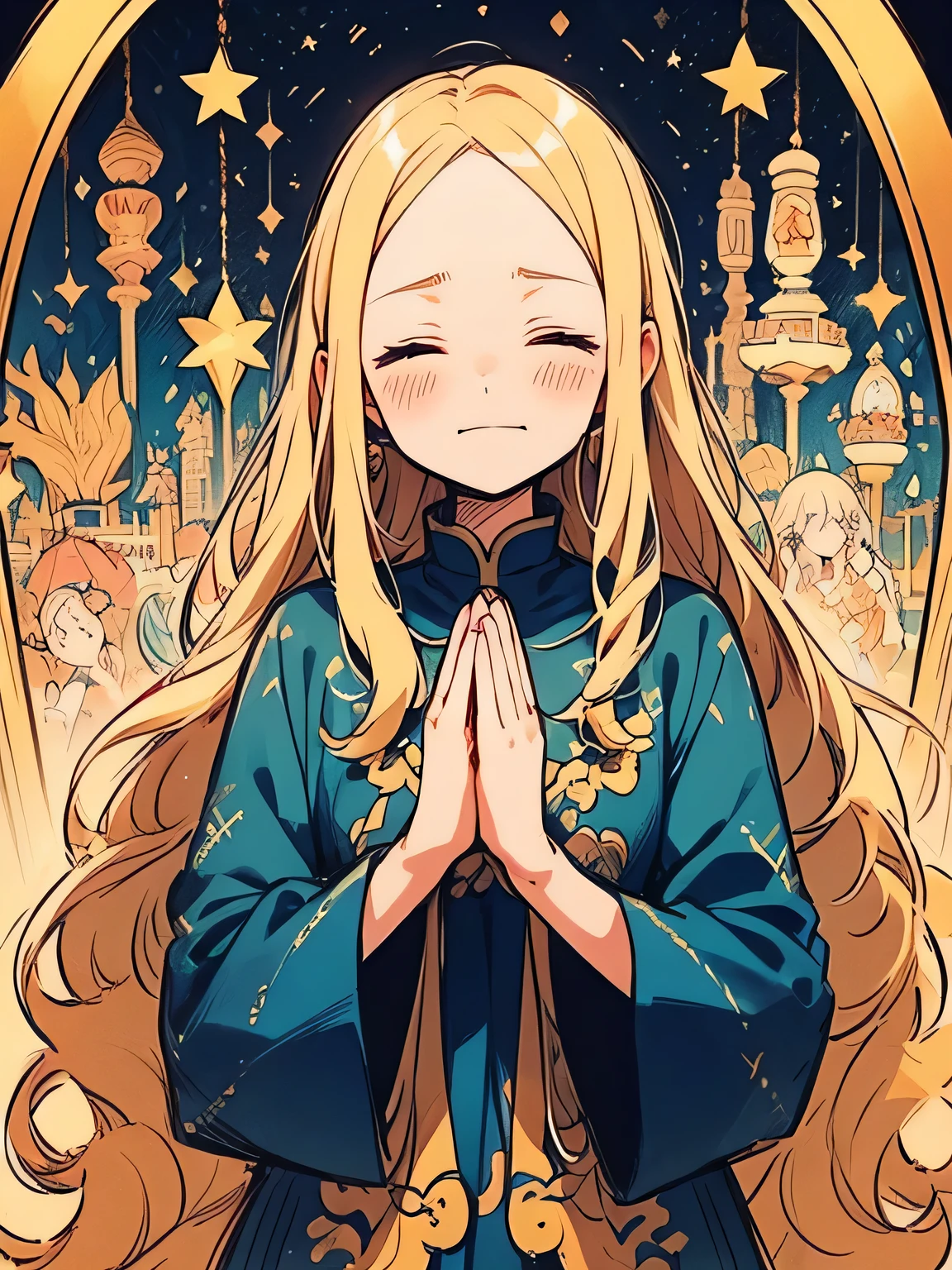 solo,upperbody,blonde hair,big forehead,(closed eyes serious sad),praying own hands together,Mercurius,Star gods,Aurora,Merry-go-round,(manga style),(sketch),(illustration),