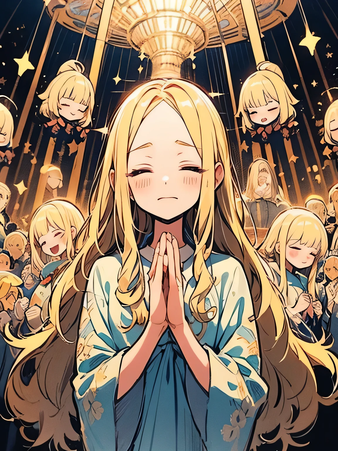 solo,upperbody,blonde hair,big forehead,(closed eyes serious sad),praying own hands together,Mercurius,Star gods,Aurora,Merry-go-round,(manga style),(sketch),(illustration),