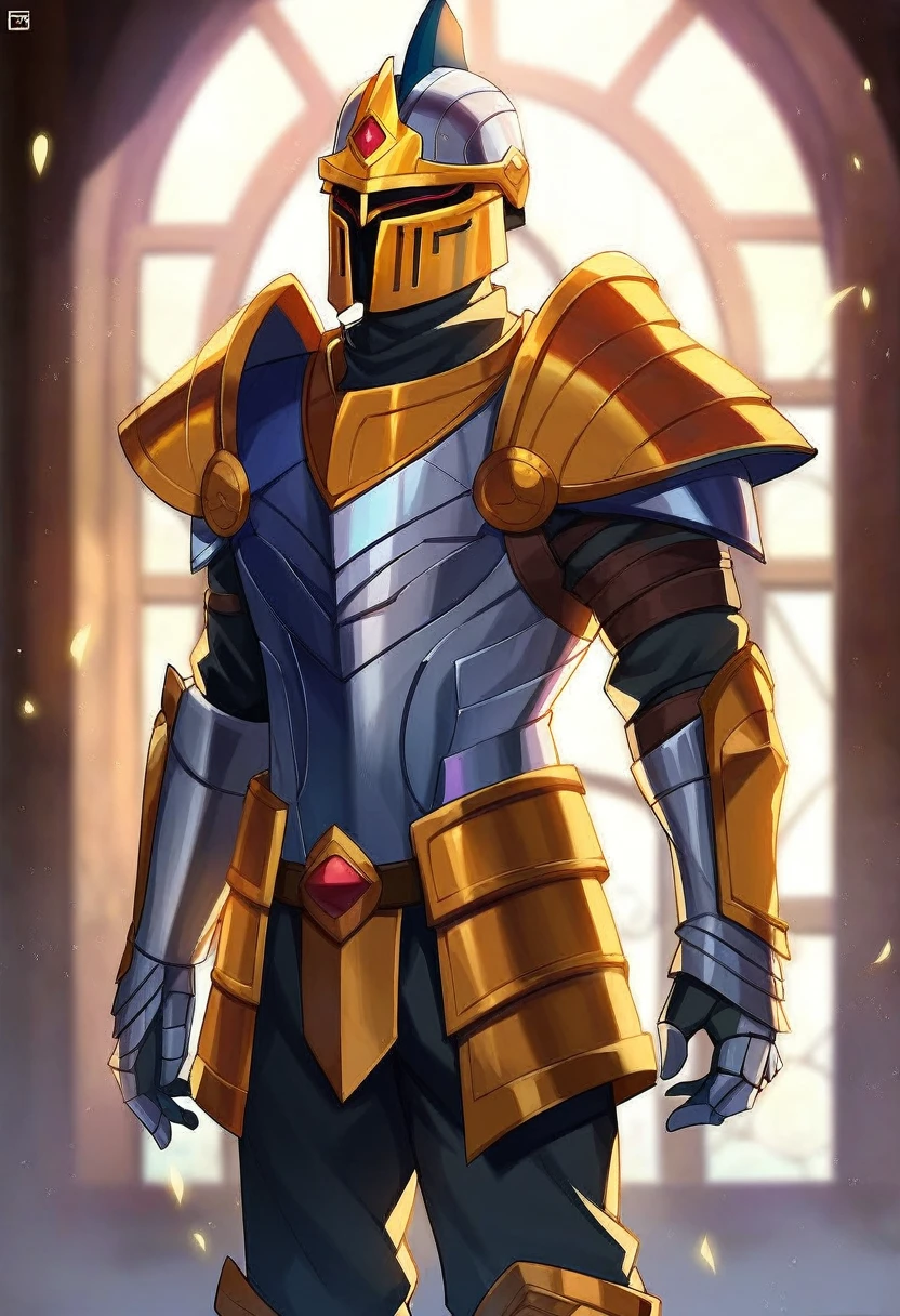 score_9, score_8_up, score_7_up, score_6_up, BREAK source_anime, fullbody shot, 1boy, solo, male mature, looking at viewer, great paladin, (complete amor), (golden armor, white armor:1.2), gauntlets, helmet, shoulder pads, metal boots, intricate details, BREAK, on monastery, detailed background, sacred environment, vivid colors, soft lighting, depth of field, anime coloring