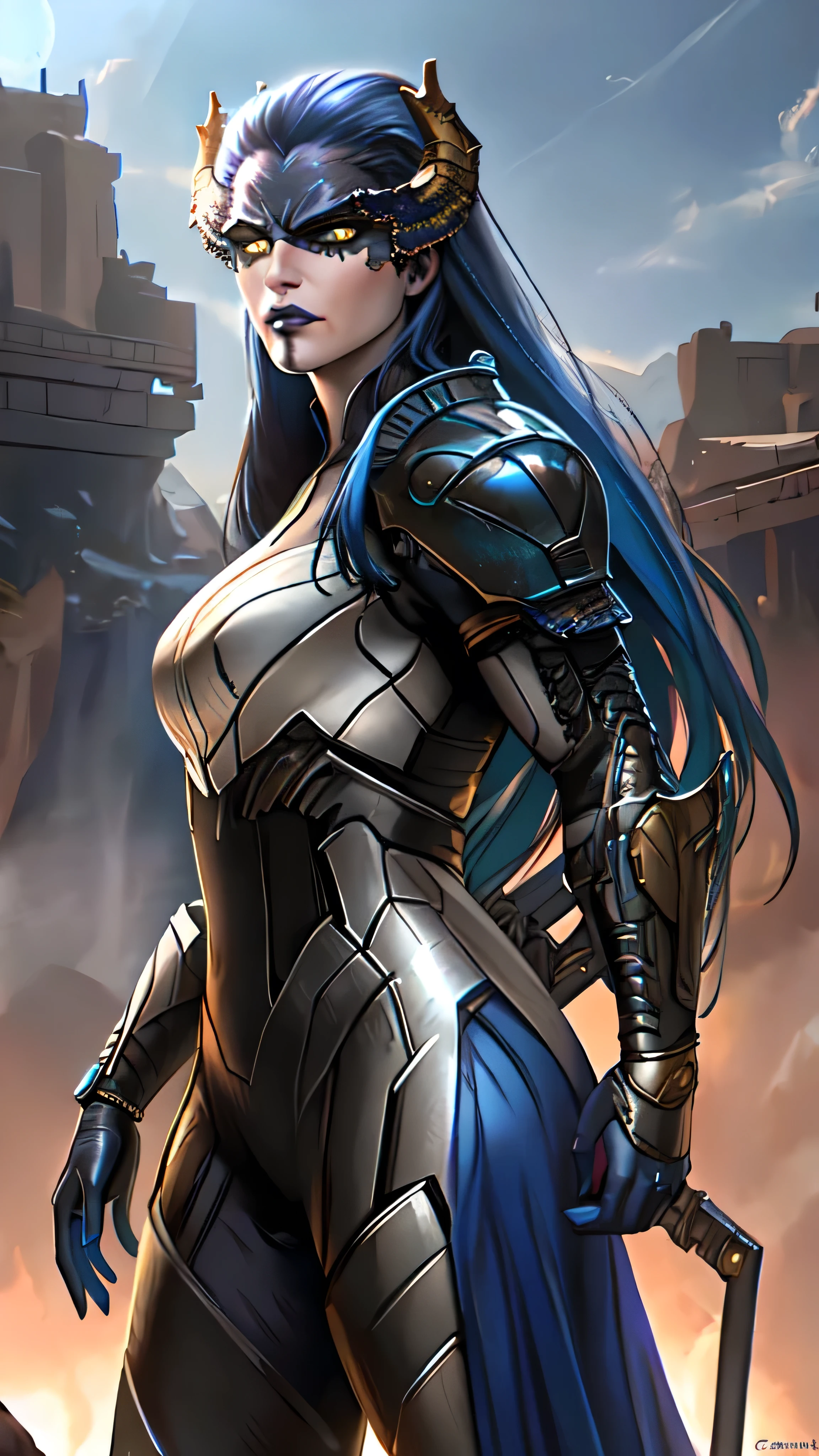 Proxima, long hair, blue hair, yellow eyes, colored skin, horns, lipstick, makeup, armor, (insanely detailed, beautiful detailed face, masterpiece, best quality), cinematic lighting, 1woman, solo, cowboy shot, front view, looking at viewer, intricate, high detail, sharp focus, dramatic, photorealistic painting art by greg rutkowski