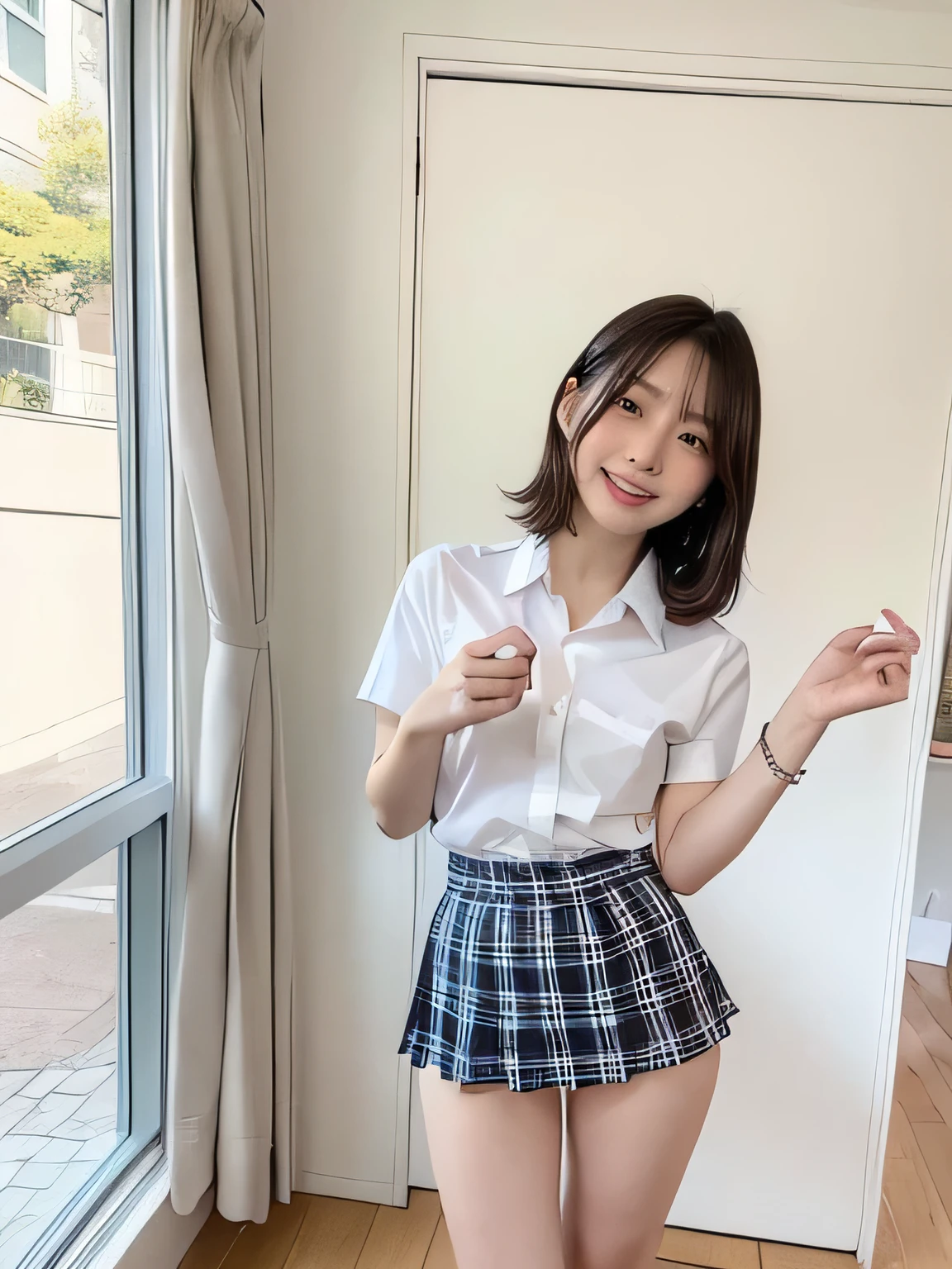 ((skirt is too short to show her panty, white panty, panty shot, hip with panty)), no phone, a young woman taking a full-body selfie while wearing a stylish school uniform. The uniform includes a crisp white shirt and a pleated skirt., She is standing in a casual pose, slightly tilting her head and smiling at the camera. The background is simple, cheerful setting, Middle Short Hair, eyelashes, red cheek, exquisite detail, high detail, parted lips, smiley lips, nsfw