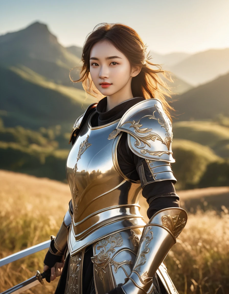 A young paladin girl, dressed in shining armor, stands triumphantly, her gleaming silver sword held aloft in a victorious pose. The warm sunlight casts a heroic glow on her determined face, illuminating the golden trim adorning her helmet and the intricate design on the hilt of her sword. A serene background of rolling hills and distant mountains adds depth to the composition, as the paladin's confident stance commands attention, shiny hair, face lighting, bright backlight, high resolution, best quality, Photos, 4k, (Realistic:1.2),1girl, smile, beautiful girl, (best quality,4k,8k,highres,masterpiece:1.2), ultra-detailed, studio lighting, ultra-fine painting, sharp focus, physically-based rendering, extreme detail description, professional, vivid colors, fantasy, More Reasonable Details, ulzzang, ImgFixerPre0.3