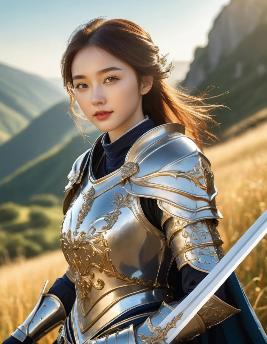 A young paladin girl, dressed in shining armor, stands triumphantly, her gleaming silver sword held aloft in a victorious pose. The warm sunlight casts a heroic glow on her determined face, illuminating the golden trim adorning her helmet and the intricate design on the hilt of her sword. A serene background of rolling hills and distant mountains adds depth to the composition, as the paladin's confident stance commands attention, shiny hair, face lighting, bright backlight, high resolution, best quality, Photos, 4k, (Realistic:1.2),1girl, smile, beautiful girl, (best quality,4k,8k,highres,masterpiece:1.2), ultra-detailed, studio lighting, ultra-fine painting, sharp focus, physically-based rendering, extreme detail description, professional, vivid colors, fantasy, More Reasonable Details, ulzzang, ImgFixerPre0.3