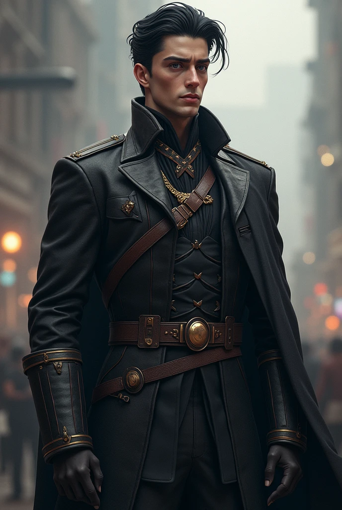 Leander is a tall man, about 1.85m tall, with light black hair and impeccable style, always dressed in a modern and reinforced military suit, symbolizing both his strategic intelligence and his strength. He has an imposing and confident posture, his eyes carry a penetrating shine, revealing the cold and calculating way he acts. His skin is fair, and his features are fine but striking. He carries with him an aura of authority and supremacy, as someone who controls the fate of battles and power. Leander is a tall man, about 1.85m tall, with light black hair and impeccable style, always dressed in a modern and reinforced military suit, symbolizing both his strategic intelligence and his strength. He has an imposing and confident posture, his eyes carry a penetrating shine, revealing the cold and calculating way he acts. His skin is fair, and his features are fine but striking. He carries with him an aura of authority and supremacy, as someone who controls the fate of battles and power.