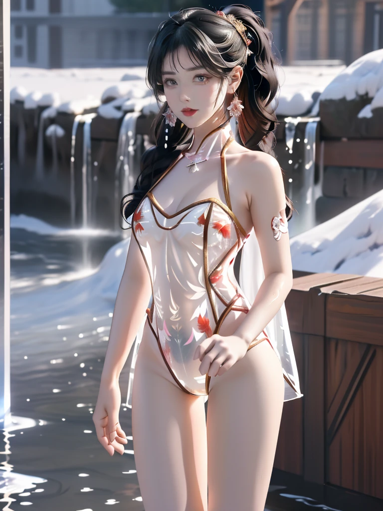 ((A woman)), 美丽脸庞的Sexy中国华裔女明星, Wearing red strappy bikini underwear, Wearing a pink transparent shirt, Holding a fan, (((Light theme, Exposing the subject, Sexy主题)))
((Transparent adhesive clothes: 1.5), (Revealing clothes: 1.5),  (Wet clothes:1.5), (Color of clothes: Pink), ((Wearing transparent clothing)))
(((night, Next to the waterfall, Fallen Leaves, moonlight, dark clouds))),
((desktop:1.0), (Highest quality:1.0), (high resolution:1.2), (Reality:1.0),( Ultra HD:1.3))
((8K Ultra HD, 8K, 超high resolution, Best quality, Super Fine, Clear focus. Masterpieces, complete pattern, Detailed photos, Best image quality，Ultra-clear，Delicate facial features, Well-defined, Highly rated works, Close-up depth of field photography, Above the knee, Symmetrical character)), 
((Creating the image of a real girl), Realistic shadows, Soft lighting, Dynamic Angle, Dynamic poses, Elegant Posture, Cowboy lens, Full body front view, Be confident, Facing the camera, Eyes looking towards camera lens, Standing posture, Open your legs slightly, Golden Ratio Graphics, Minimalism, Center the character), 
( Smile, Sexy的, Balanced Eyes, Realistic eyes, Beautiful details of the eyes,Pretty Face, (Realistic face), Normal facial features, Realistic skin, Pay attention to skin details, Skin is clean and radiant, Whitening, Anatomically correct body, Golden ratio figure, Sexy的身材), 
(Perfect makeup, Gloves, earrings</input></xml>, bracelet, necklace, Jewelry, Hair accessories, shawl, sock, Knee socks, 吊garter, Leg ring, garter, 腿部garter), 
((beautiful hair), Dark black hair, Wavy curly hairstyle, Waist-length hair, Messy Hairstyle, Gradient hairstyles, Cyberpunk Hairstyle, High double ponytail hairstyle, Bangs), 
(Sexy的, Perfect breast shape, Teardrop chest shape, Snow-white breasts, Very detailed breasts, 34C cup), 
(Super high waist, Deep V, Low-cut, Sexy, Flattering, Open crotch, (Clear camel toe, (High fork strangulation))),
(((Clear outline, Clear underwear, 透明Sexy的穿着)))