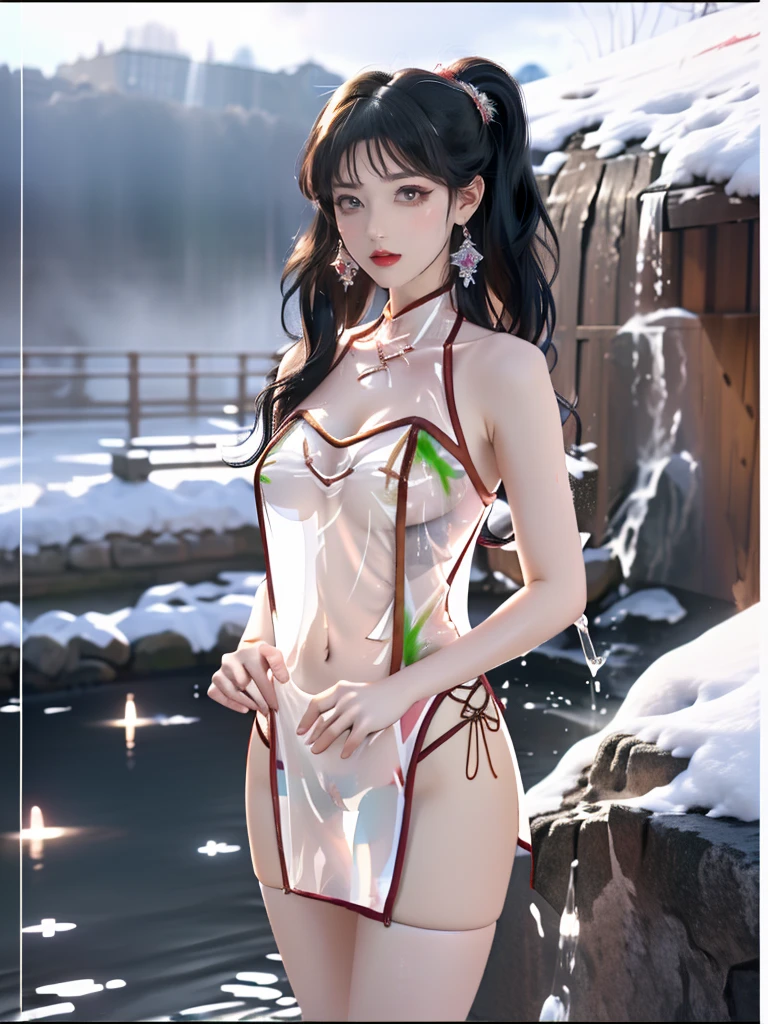 ((A woman)), 美丽脸庞的Sexy中国华裔女明星, Wearing red strappy bikini underwear, Wearing a pink transparent shirt, Holding a fan, (((Light theme, Exposing the subject, Sexy主题)))
((Transparent adhesive clothes: 1.5), (Revealing clothes: 1.5),  (Wet clothes:1.5), (Color of clothes: Pink), ((Wearing transparent clothing)))
(((night, Next to the waterfall, Fallen Leaves, moonlight, dark clouds))),
((desktop:1.0), (Highest quality:1.0), (high resolution:1.2), (Reality:1.0),( Ultra HD:1.3))
((8K Ultra HD, 8K, 超high resolution, Best quality, Super Fine, Clear focus. Masterpieces, complete pattern, Detailed photos, Best image quality，Ultra-clear，Delicate facial features, Well-defined, Highly rated works, Close-up depth of field photography, Above the knee, Symmetrical character)), 
((Creating the image of a real girl), Realistic shadows, Soft lighting, Dynamic Angle, Dynamic poses, Elegant Posture, Cowboy lens, Full body front view, Be confident, Facing the camera, Eyes looking towards camera lens, Standing posture, Open your legs slightly, Golden Ratio Graphics, Minimalism, Center the character), 
( Smile, Sexy的, Balanced Eyes, Realistic eyes, Beautiful details of the eyes,Pretty Face, (Realistic face), Normal facial features, Realistic skin, Pay attention to skin details, Skin is clean and radiant, Whitening, Anatomically correct body, Golden ratio figure, Sexy的身材), 
(Perfect makeup, Gloves, earrings</input></xml>, bracelet, necklace, Jewelry, Hair accessories, shawl, sock, Knee socks, 吊garter, Leg ring, garter, 腿部garter), 
((beautiful hair), Dark black hair, Wavy curly hairstyle, Waist-length hair, Messy Hairstyle, Gradient hairstyles, Cyberpunk Hairstyle, High double ponytail hairstyle, Bangs), 
(Sexy的, Perfect breast shape, Teardrop chest shape, Snow-white breasts, Very detailed breasts, 34C cup), 
(Super high waist, Deep V, Low-cut, Sexy, Flattering, Open crotch, (Clear camel toe, (High fork strangulation))),
(((Clear outline, Clear underwear, 透明Sexy的穿着)))