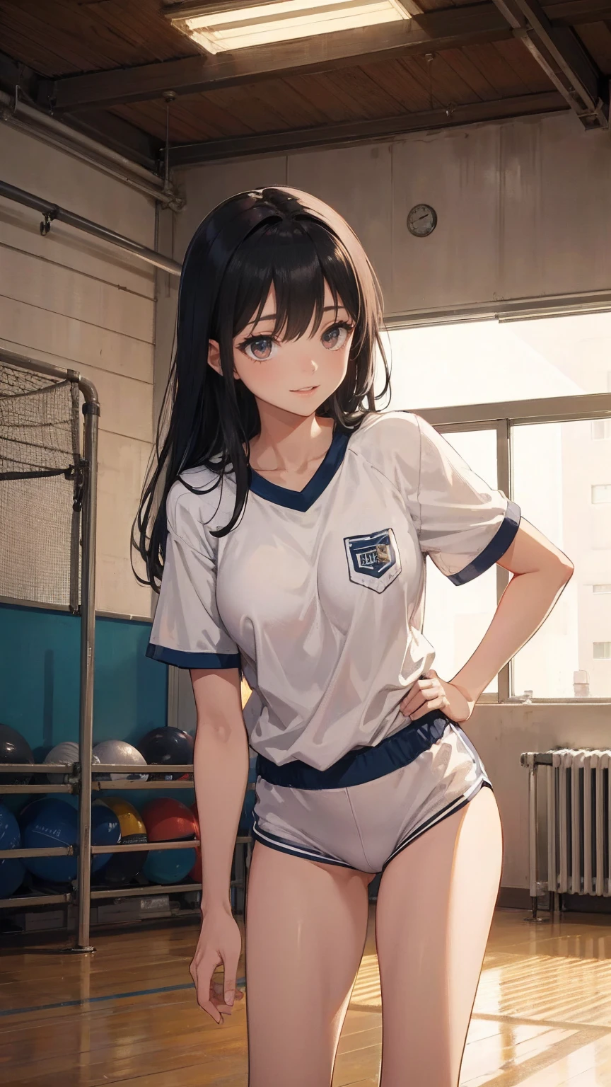 Tall、A black-haired high school girl with excellent athletic ability, Wearing a gym uniform, Holding a volleyball, Stand with Confidence, Cheerful and smiling, In a large school gym, Surrounded by classmates, Bright sunlight streaming through the window, Her posture is strong、Excellent athletic ability, Her eyes are full of energy, In the background, they are teasing her., She is unfazed, Anime Style, Bright and warm lighting, Detailed Gym Background, Dynamic composition, 8K quality, Very detailed
