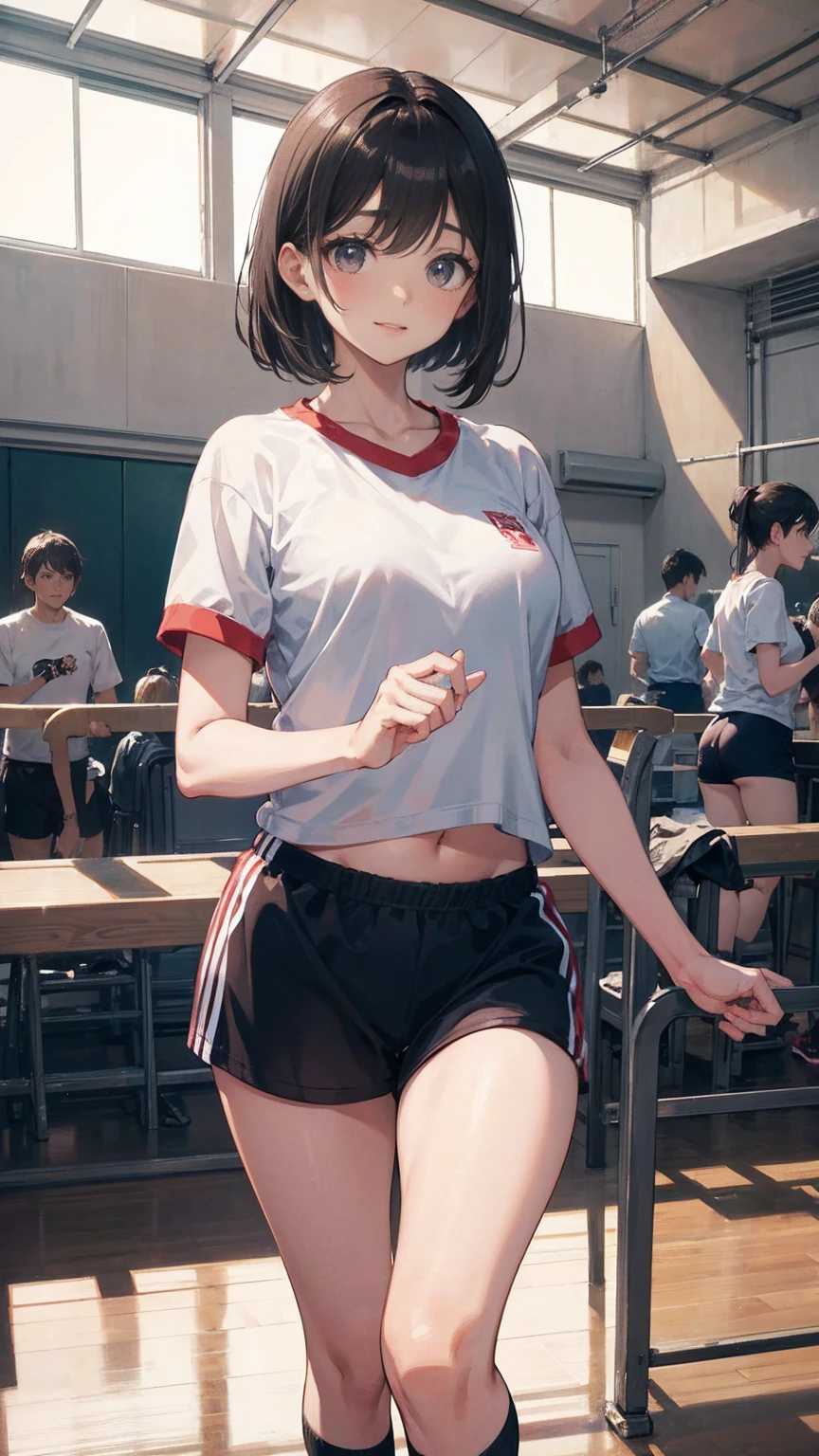 Tall、A black-haired high school girl with excellent athletic ability, Wearing a gym uniform, Holding a volleyball, Stand with Confidence, Cheerful and smiling, In a large school gym, Surrounded by classmates, Bright sunlight streaming through the window, Her posture is strong、Excellent athletic ability, Her eyes are full of energy, In the background, they are teasing her., She is unfazed, Anime Style, Bright and warm lighting, Detailed Gym Background, Dynamic composition, 8K quality, Very detailed
