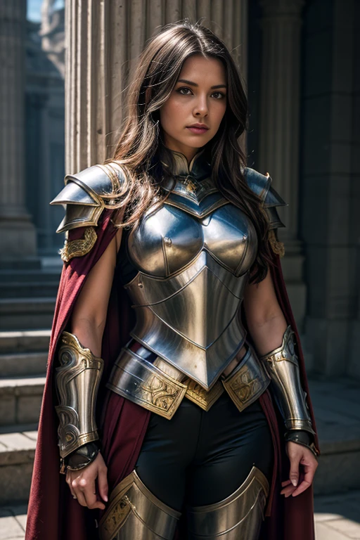 A powerful female Paladin standing tall in gleaming silver and gold armor, intricately detailed with divine symbols that glow with a soft, holy light, Her armor is both elegant and formidable, with a radiant sword in one hand and a large, gold trim, shiny armor, ornate shield etched with protective runes in the other, Her long, flowing cape catches the light of a rising sun, adding a sense of movement and grace, Around her is a misty battlefield, shrouded in shadows, broken weapons, and scattered armor, Her posture exudes both strength and grace, radiating a divine aura of righteousness and unwavering courage,